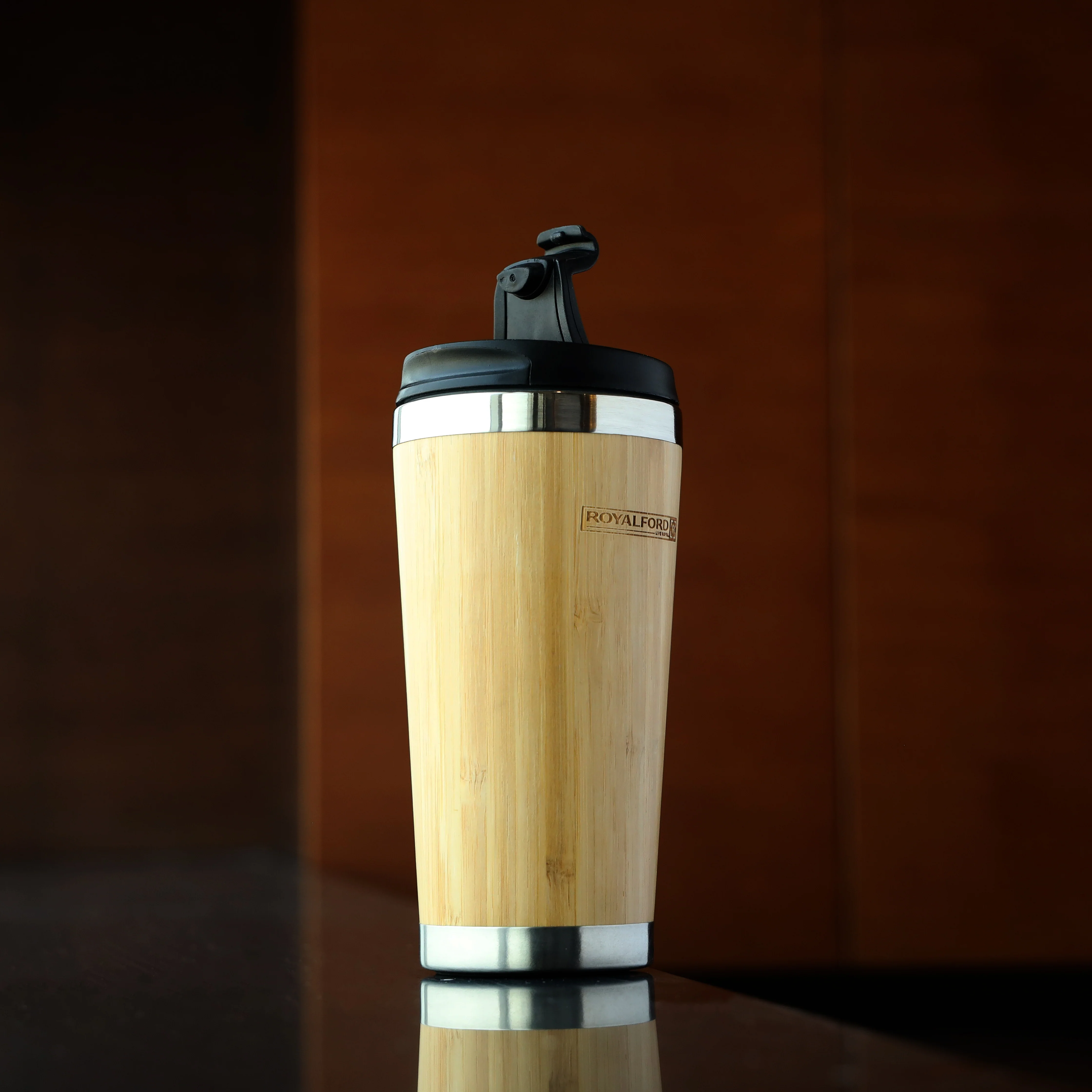Royalford RF11139 400ml Stainless Steel Double Wall Coffee Mug | Bamboo Wood Outer Body| SS304 Inner| Leak-Proof PP Lid| Hot & Cold Insulation| Travel Friendly Design - Image 2