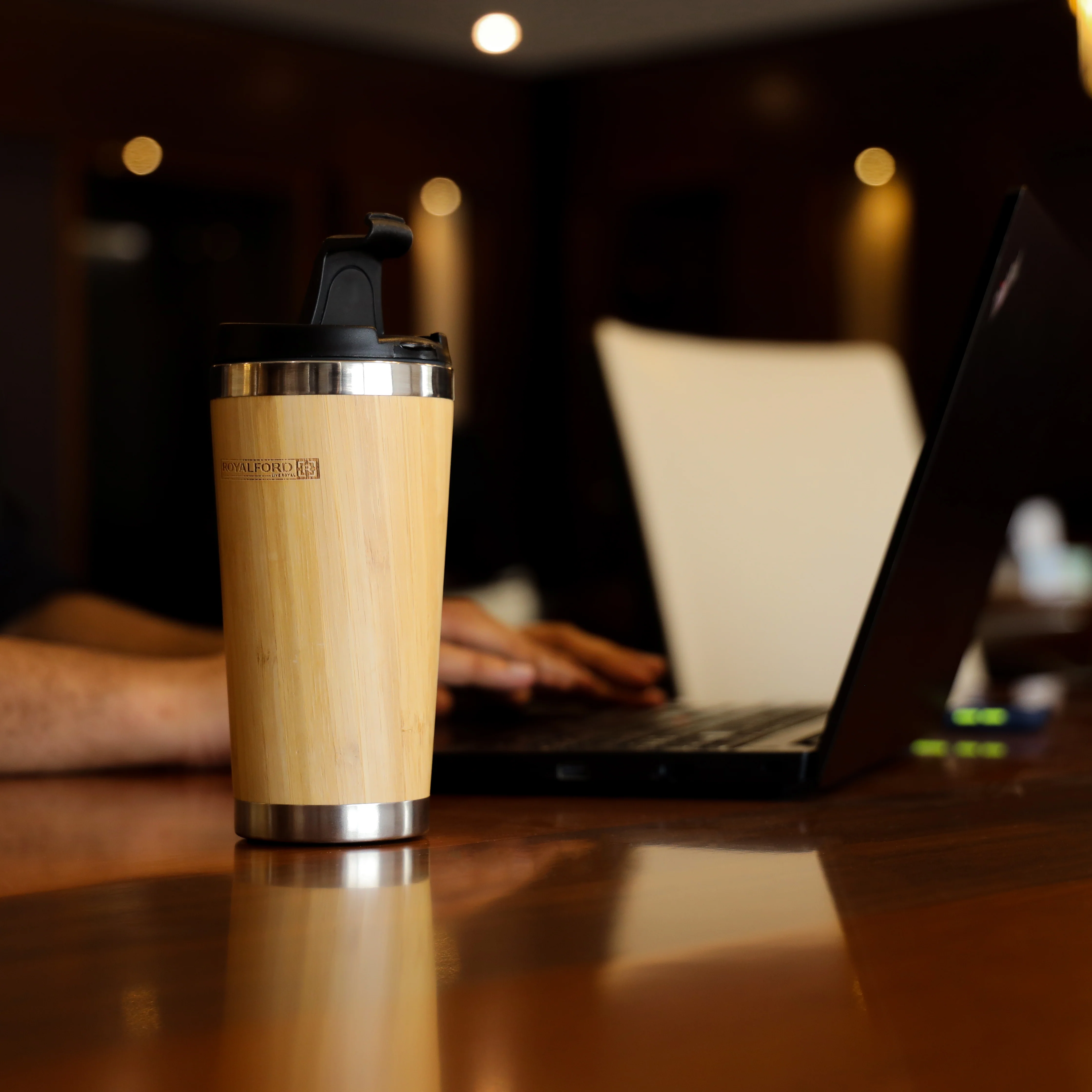 Royalford RF11139 400ml Stainless Steel Double Wall Coffee Mug | Bamboo Wood Outer Body| SS304 Inner| Leak-Proof PP Lid| Hot & Cold Insulation| Travel Friendly Design - Image 3