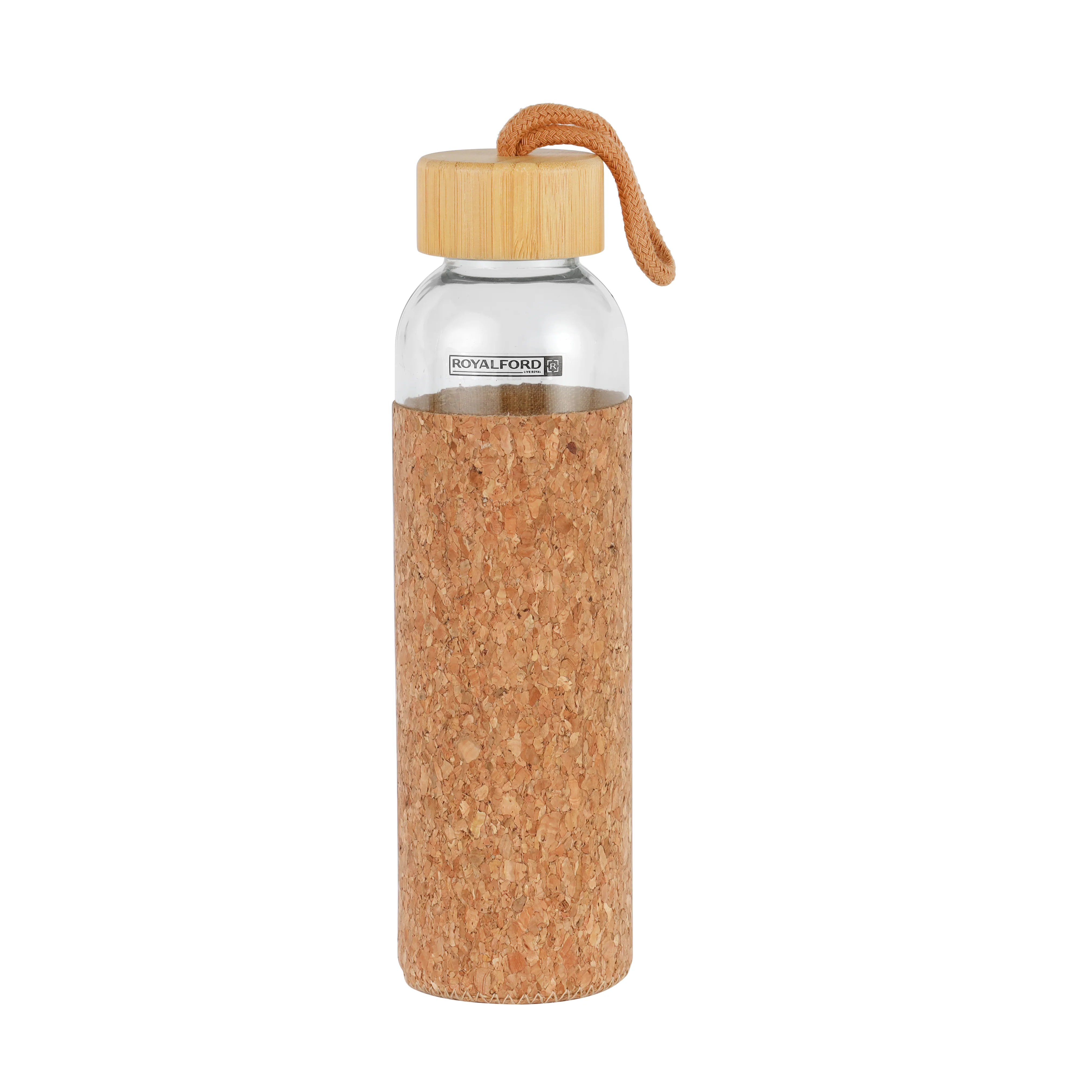 Royalford RF11925 glass water bottle 500ml| cork sleeve and bamboo lid with BPA-free, leak-resistant| durable, eco-friendly design, ideal for travel, office, & daily use|