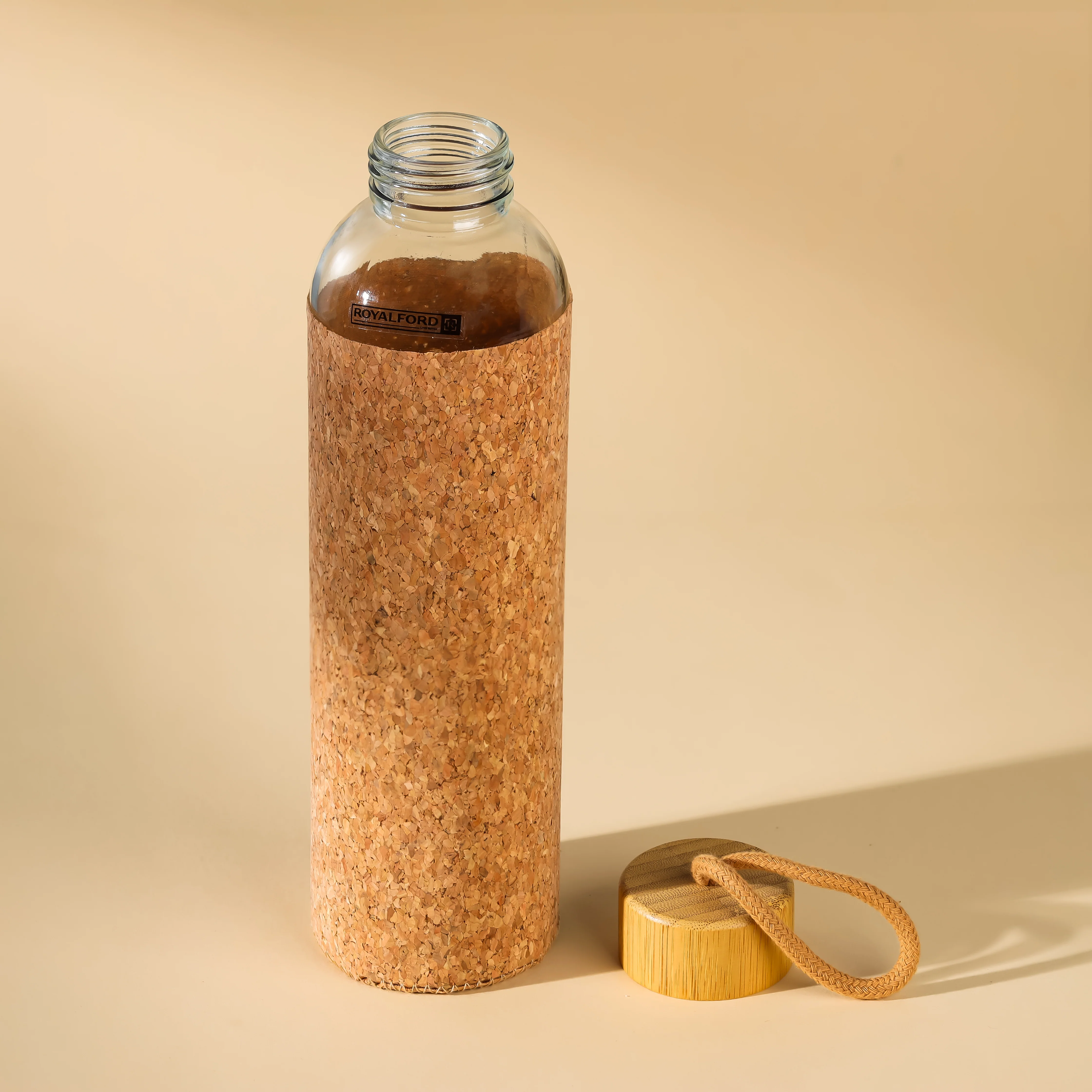 Royalford RF11925 glass water bottle 500ml| cork sleeve and bamboo lid with BPA-free, leak-resistant| durable, eco-friendly design, ideal for travel, office, & daily use| - Image 2