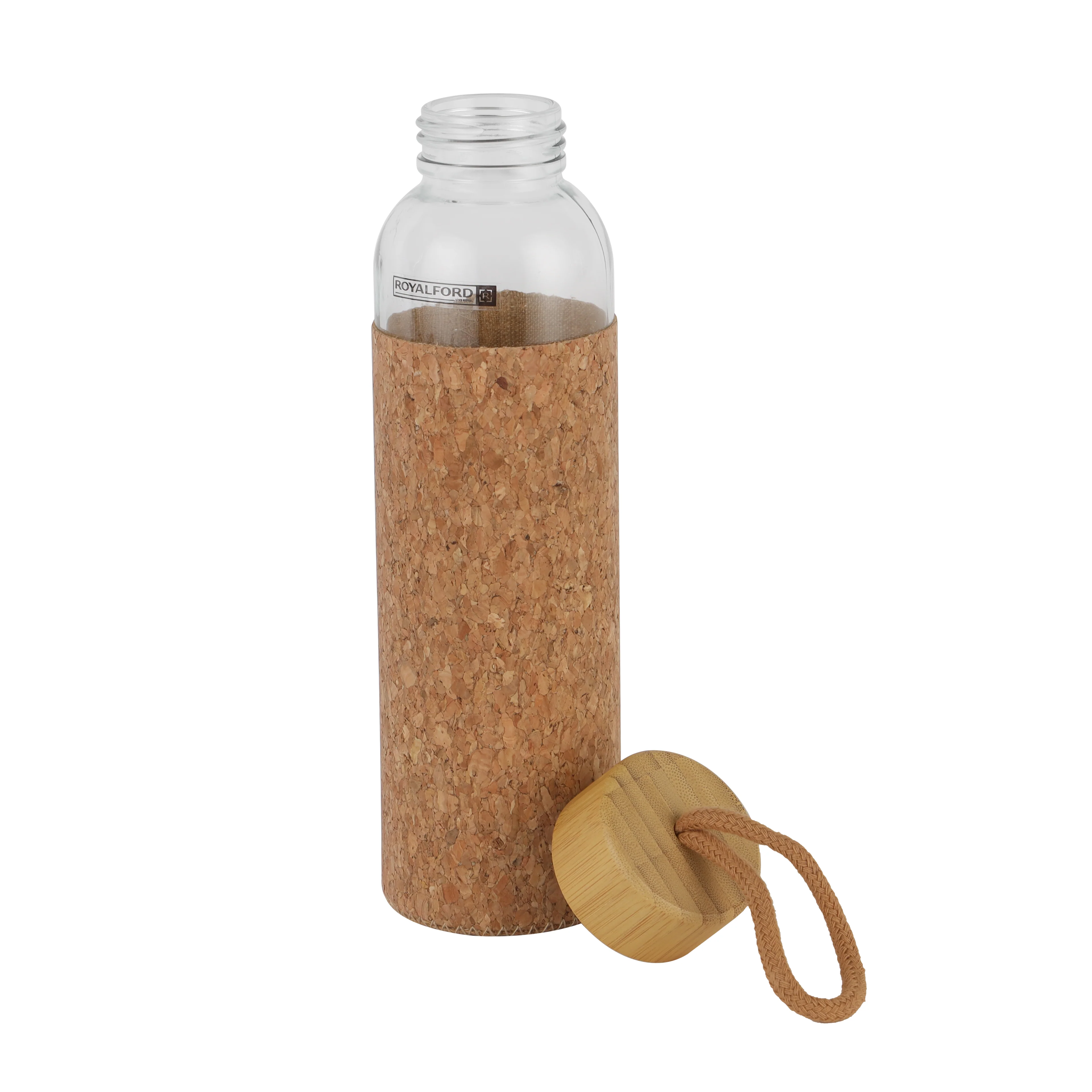 Royalford RF11925 glass water bottle 500ml| cork sleeve and bamboo lid with BPA-free, leak-resistant| durable, eco-friendly design, ideal for travel, office, & daily use| - Image 3