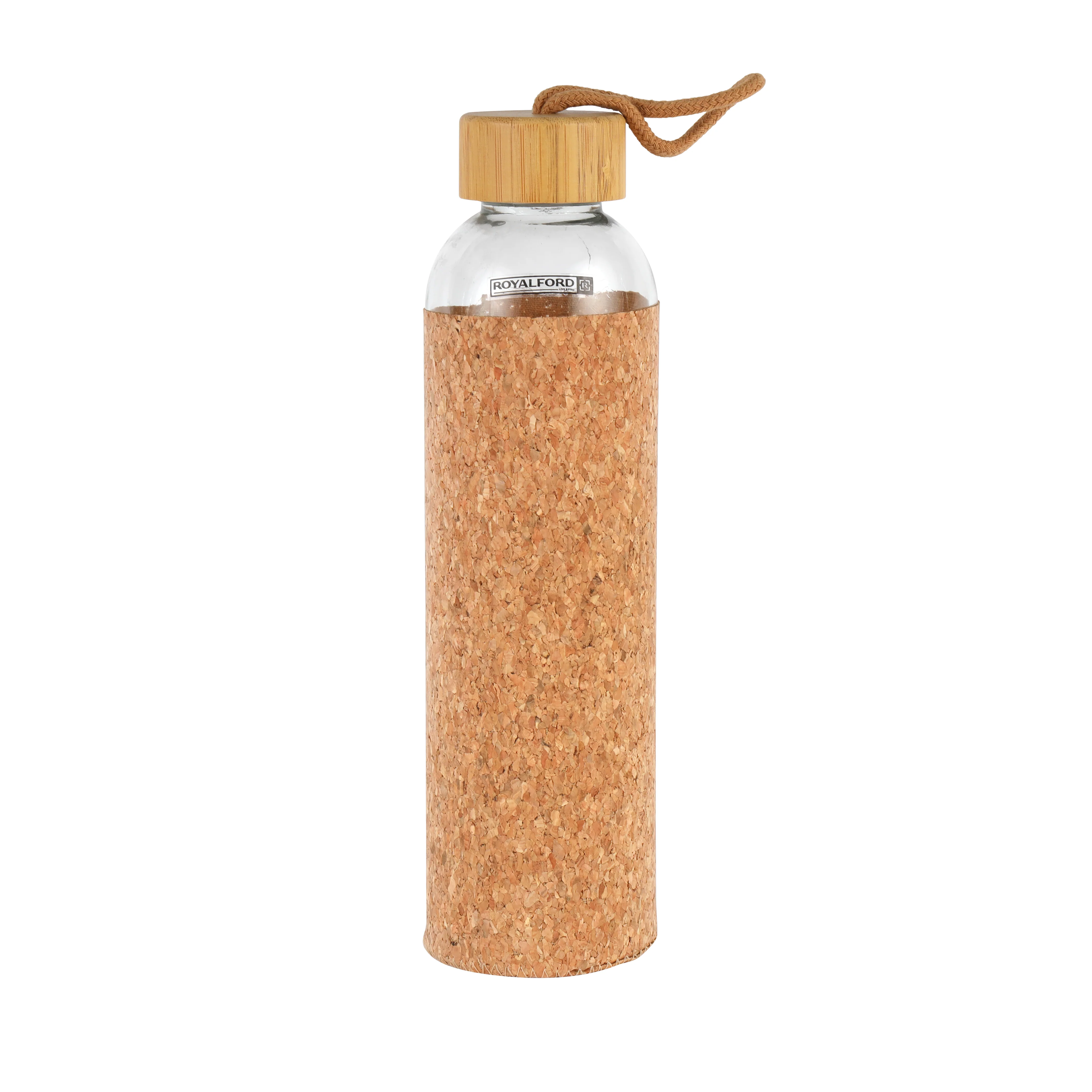 Royalford RF11926 Glass Water Bottle 750ML | Protective Cork Sleeve & Natural Bamboo Lid| BPA Free Leak Resistant Reusable Drinking Bottle for Travel, Gym & Office
