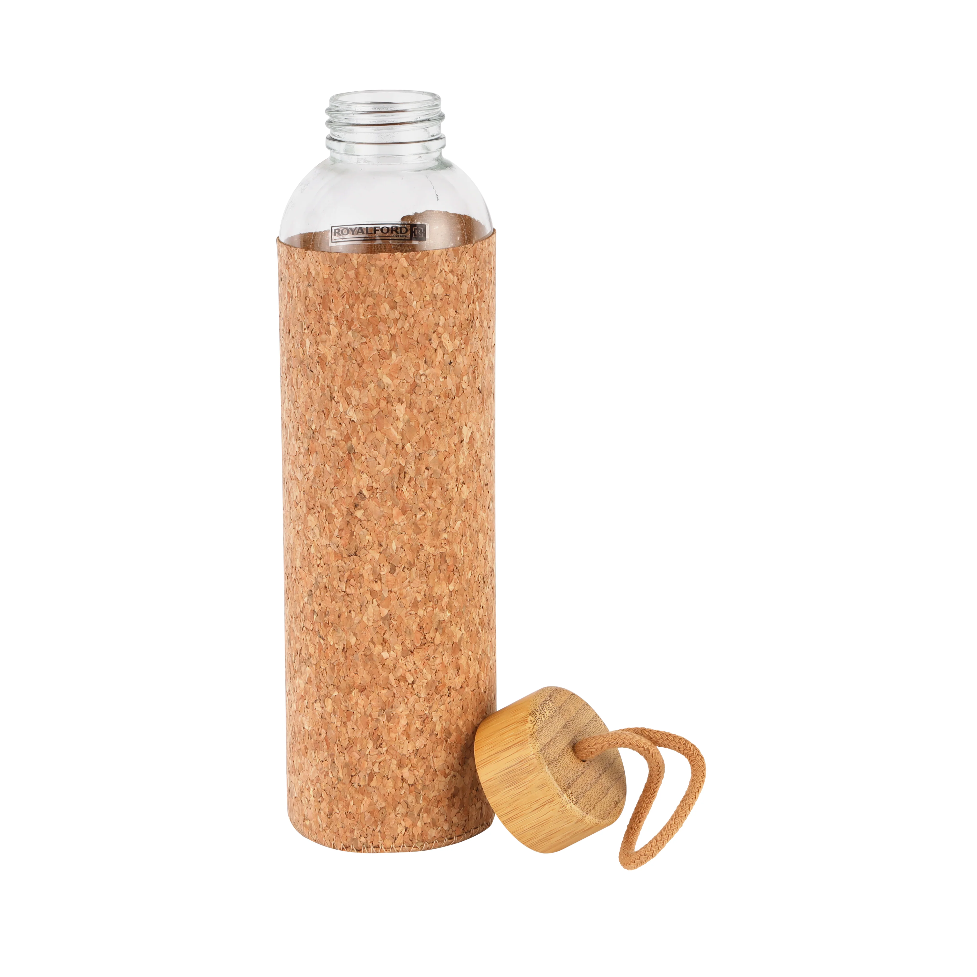 Royalford RF11926 Glass Water Bottle 750ML | Protective Cork Sleeve & Natural Bamboo Lid| BPA Free Leak Resistant Reusable Drinking Bottle for Travel, Gym & Office - Image 2