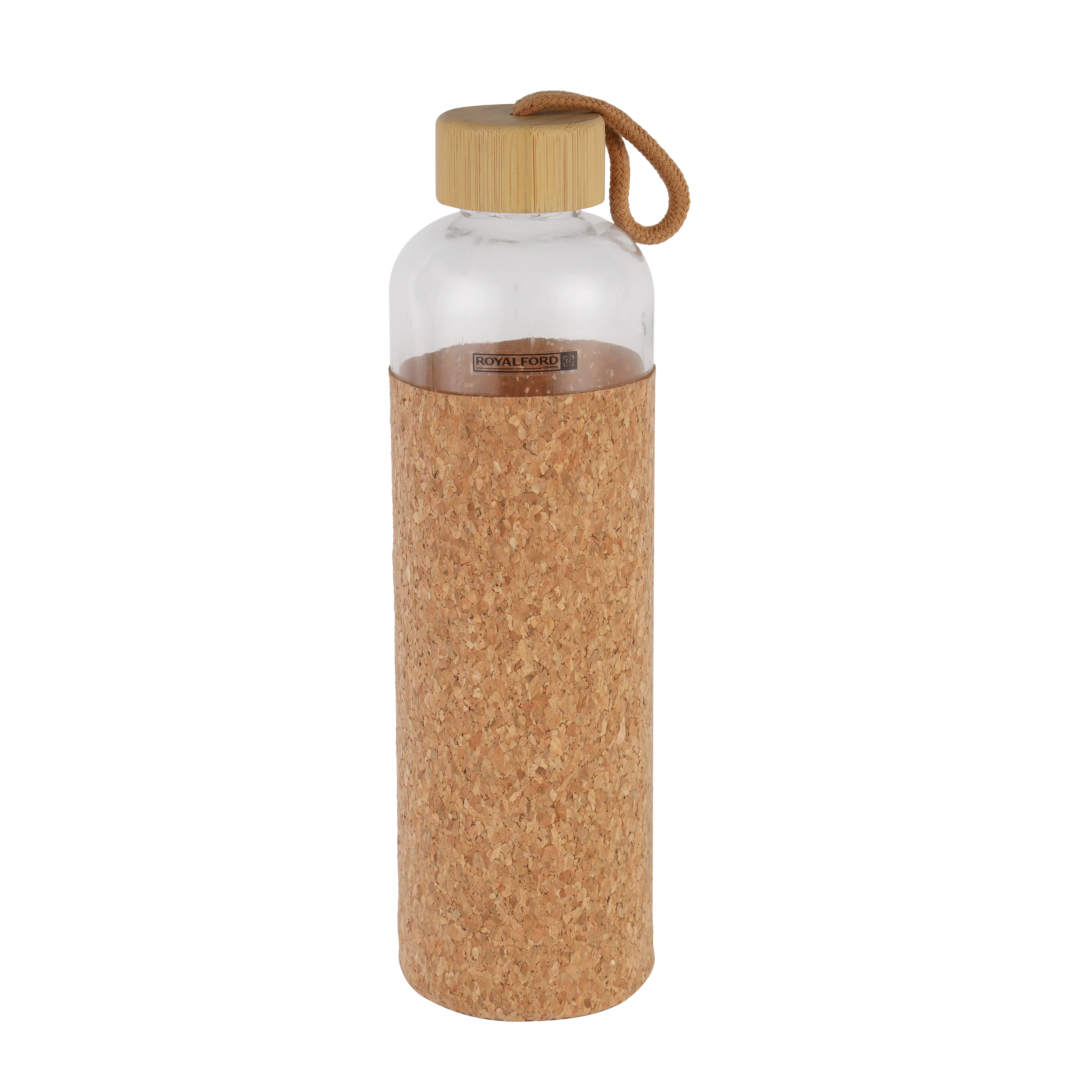 Royalford RF11927 Glass Water Bottle 1000ML | Protective Cork Sleeve and Bamboo Lid | BPA Free | Leak Resistant and Eco Friendly Reusable Drinking Glass Water Bottle