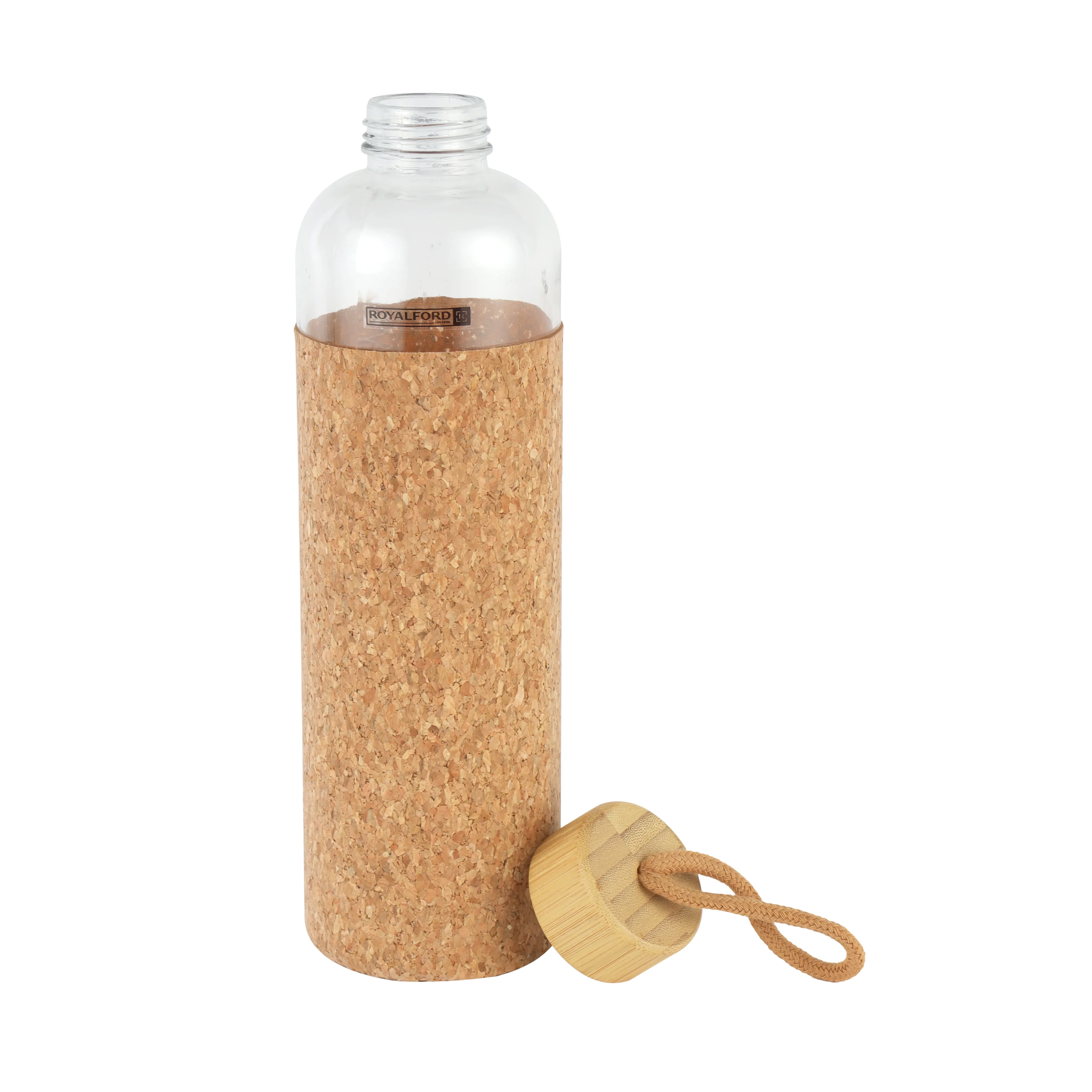 Royalford RF11927 Glass Water Bottle 1000ML | Protective Cork Sleeve and Bamboo Lid | BPA Free | Leak Resistant and Eco Friendly Reusable Drinking Glass Water Bottle - Image 2
