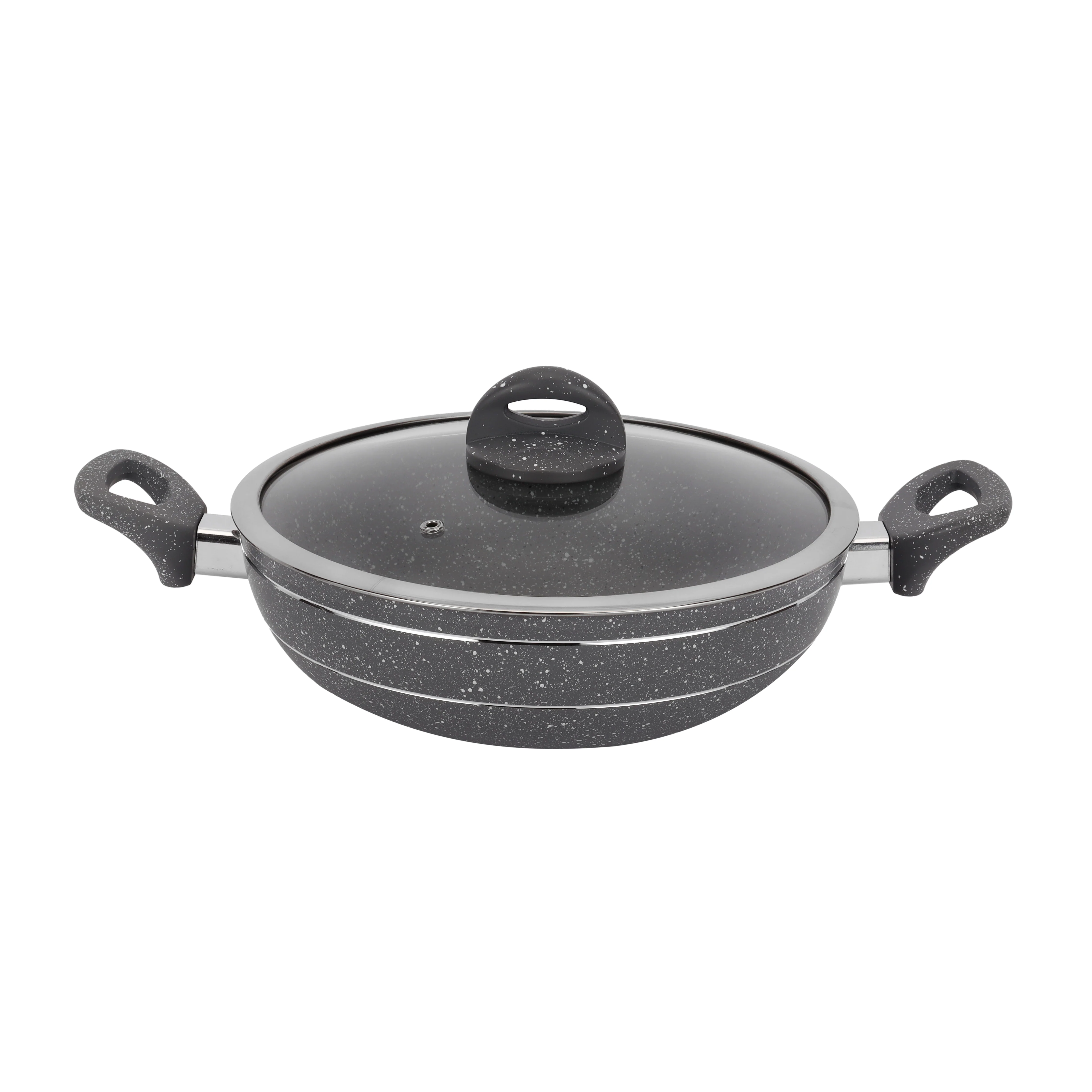 Royalford RF11966 Smart Granite Series Wok Pan with Glass Lid | Forged Aluminium Granite-Coated and Induction Compatible Wok | Perfect for Healthy Everyday Cooking