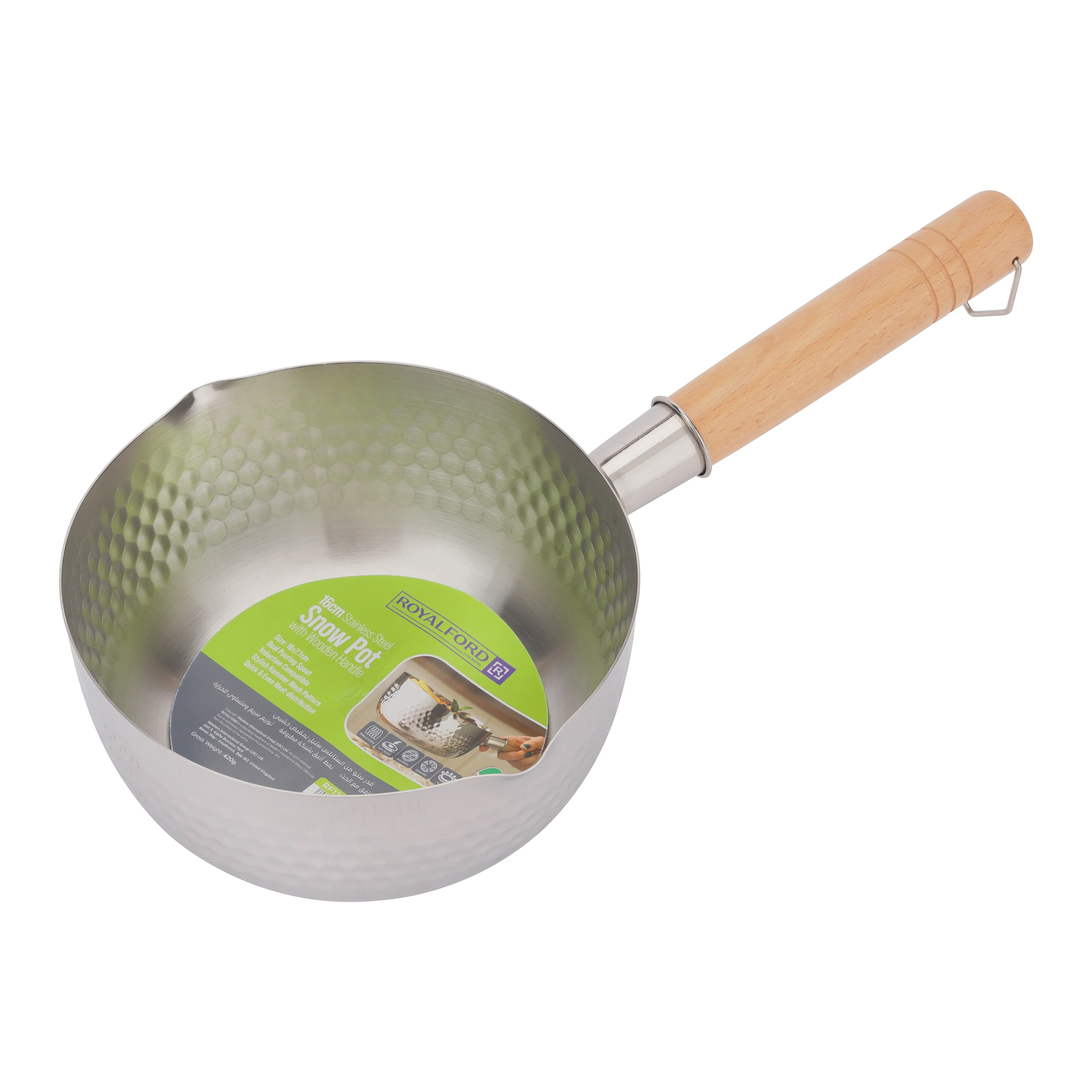 Royalford RF12259 16cm Stainless Steel Snow Pot |Wooden Handle | Induction Compatible Hammer Mesh Finish Milk, Sauce & Soup Pan| Dual Pouring Spout for Even Heat Cooking - Image 4
