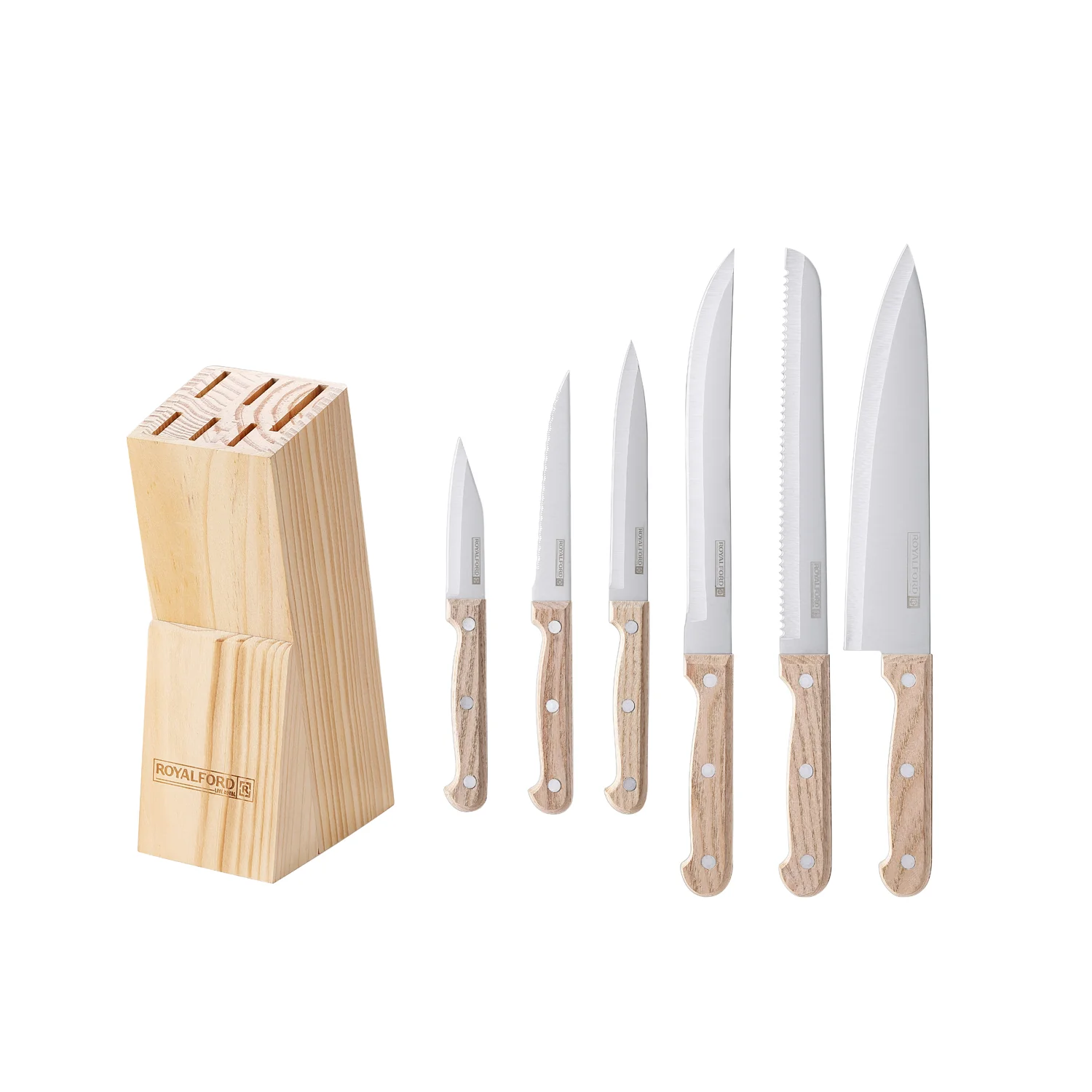 Royalford RF12264 7PCS Kitchen Knife Set | Wooden Block | Extra-Sharp Stainless Steel Blades |Ergonomic Wooden Handles |Pinewood Storage Stand for Home & Professional Use