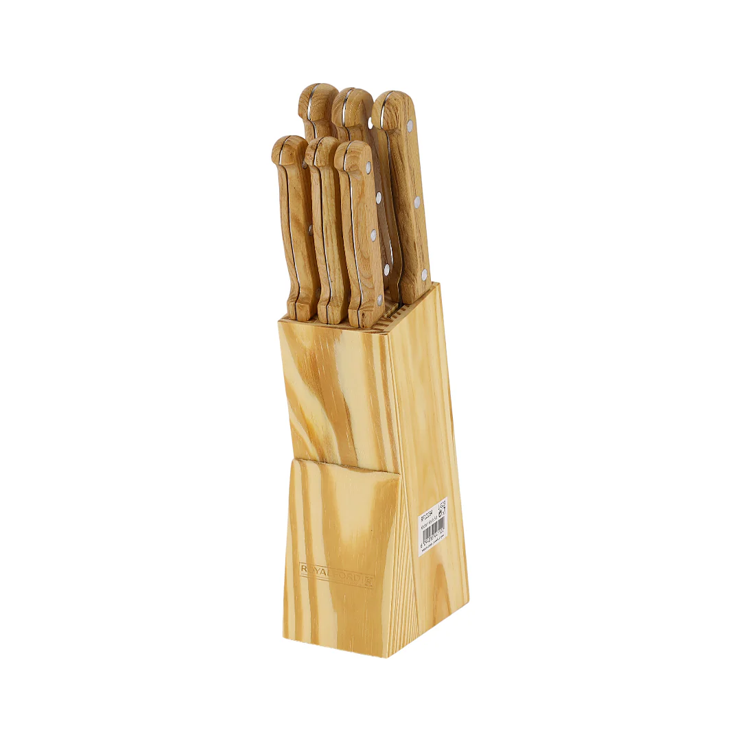 Royalford RF12264 7PCS Kitchen Knife Set | Wooden Block | Extra-Sharp Stainless Steel Blades |Ergonomic Wooden Handles |Pinewood Storage Stand for Home & Professional Use - Image 2