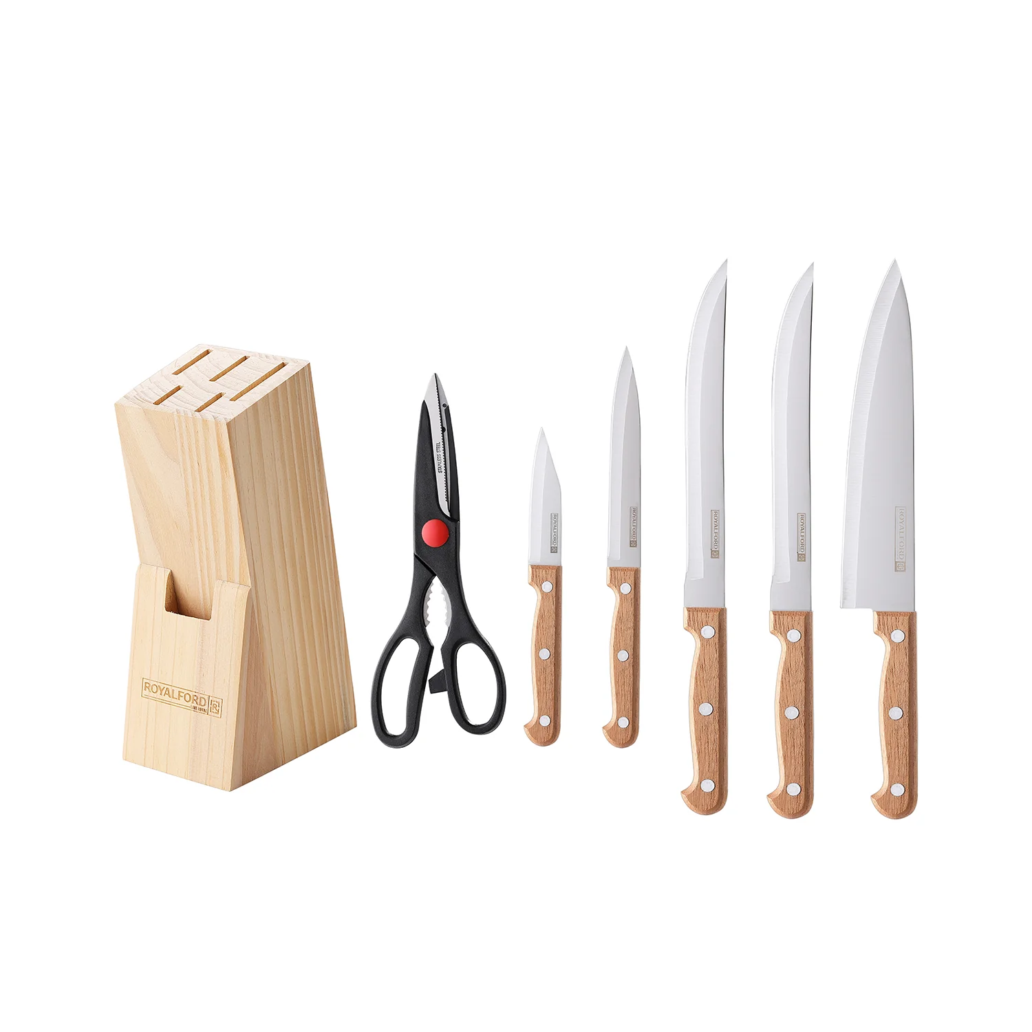 Royalford RF12265 7PCS Kitchen Knife Set | Wooden Block & Scissors | Sharp Stainless Steel Blades | Ergonomic Wooden Handles | Pinewood Stand for Home & Professional Use