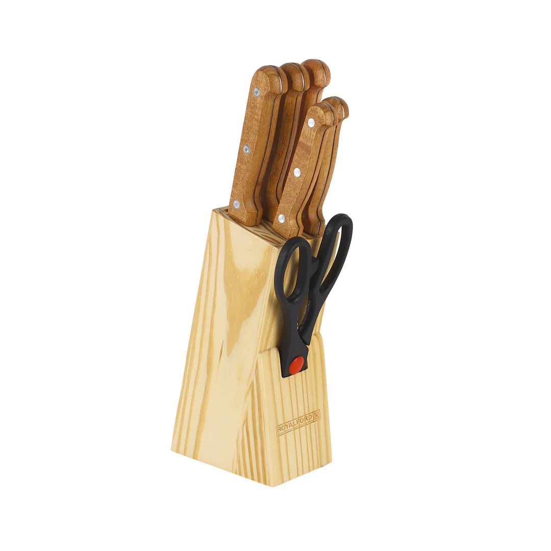 Royalford RF12265 7PCS Kitchen Knife Set | Wooden Block & Scissors | Sharp Stainless Steel Blades | Ergonomic Wooden Handles | Pinewood Stand for Home & Professional Use - Image 2
