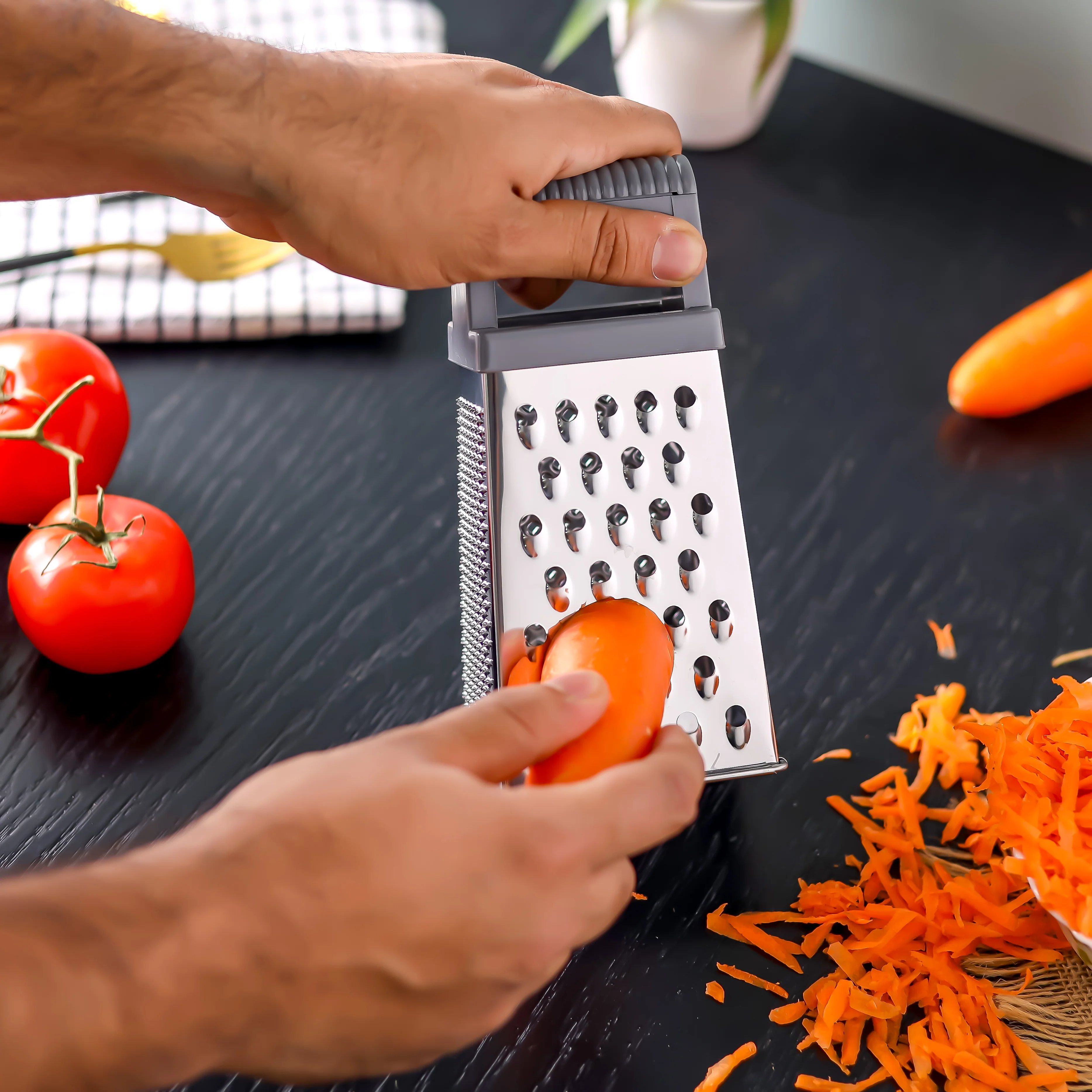 Royalford RF12348  4-Sided Grater| stainless steel blades offers 4 cutting styles 7 ergonomic handle| durable box design, ideal for slicing, shredding & grating| - Image 2