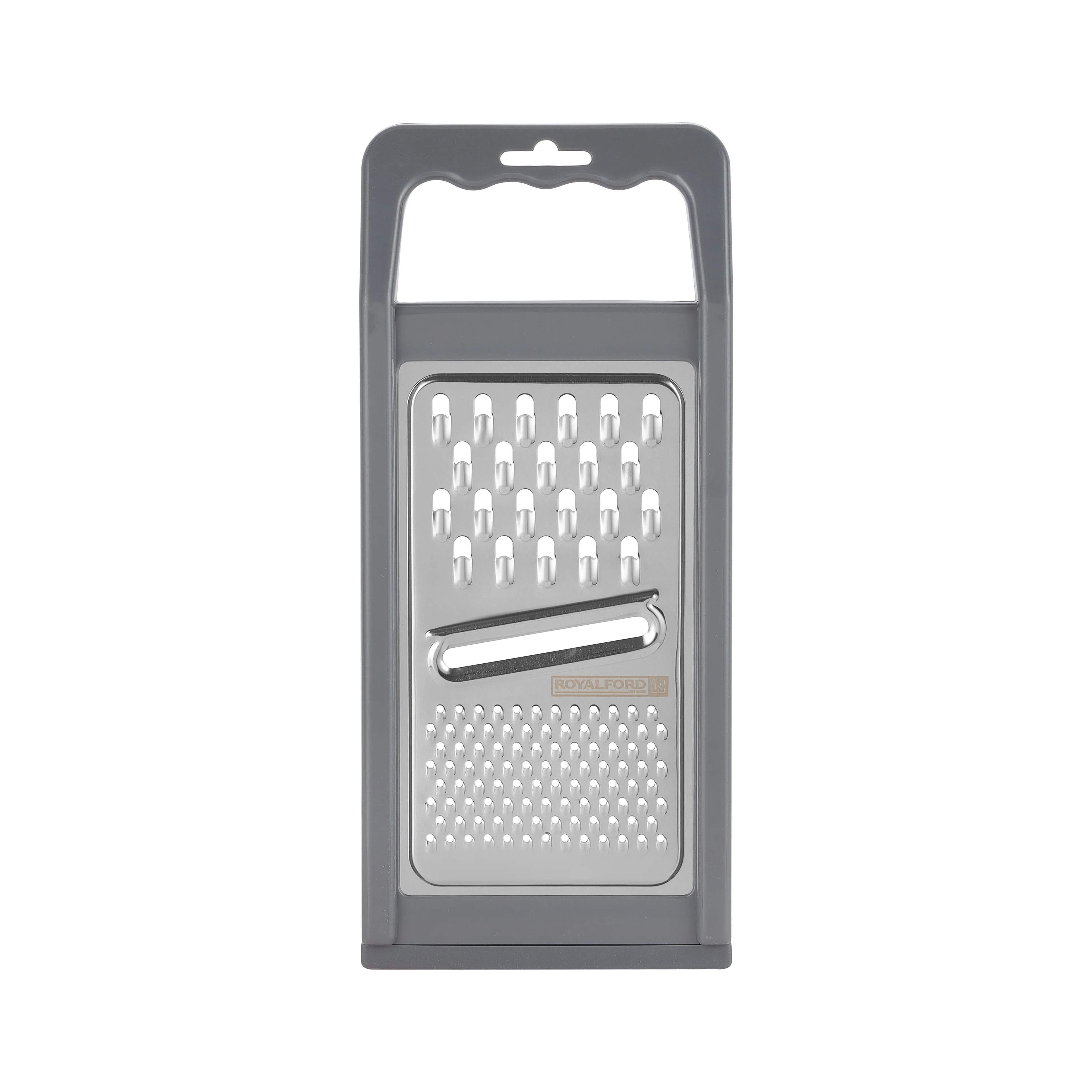 Royalford RF12350 3 in 1 Stainless Steel Grater | Multiple Blades | Vegetable Slicer Shredder Cutter with ABS Handle | TPR Base for Cheese, Vegetables & Fruits