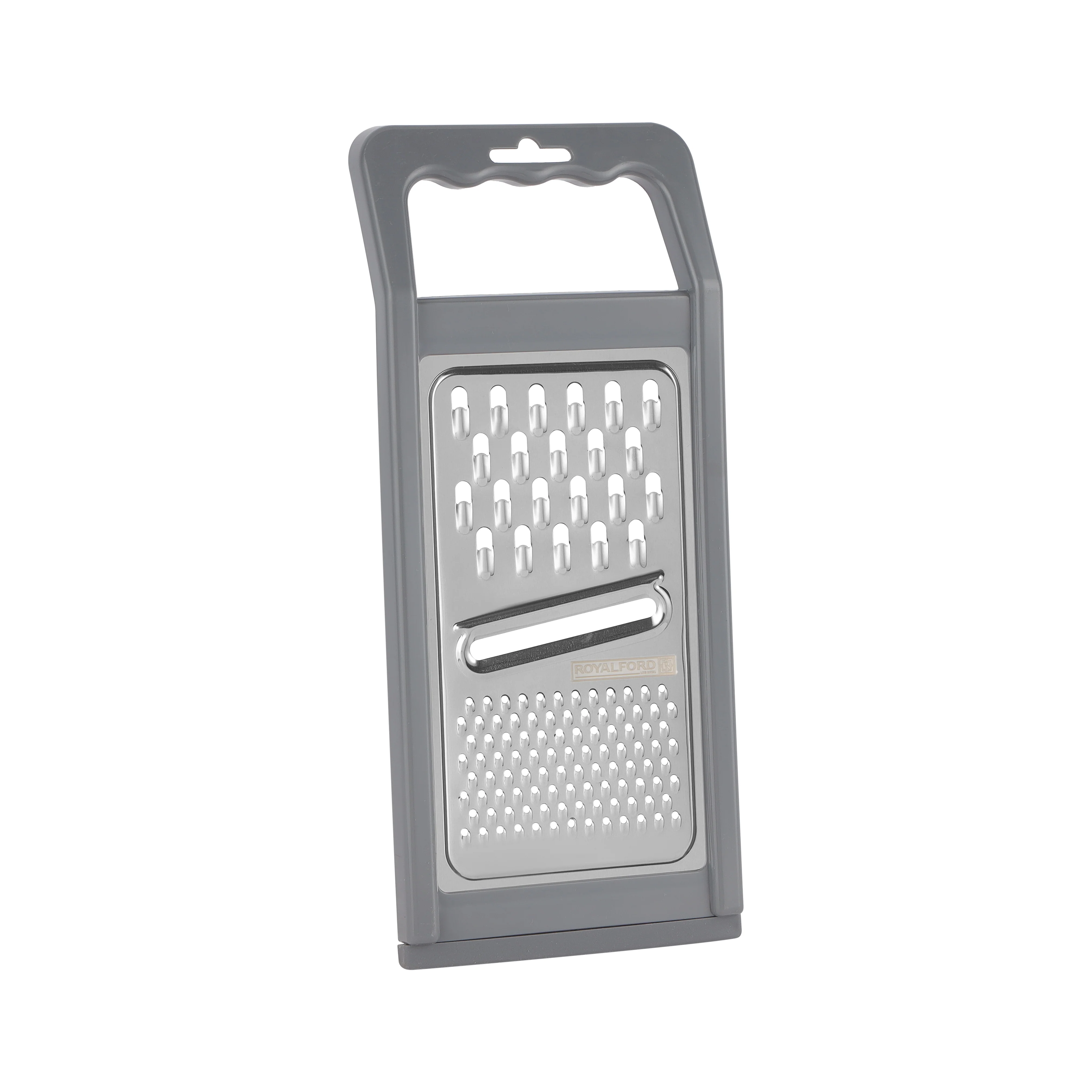 Royalford RF12350 3 in 1 Stainless Steel Grater | Multiple Blades | Vegetable Slicer Shredder Cutter with ABS Handle | TPR Base for Cheese, Vegetables & Fruits - Image 2