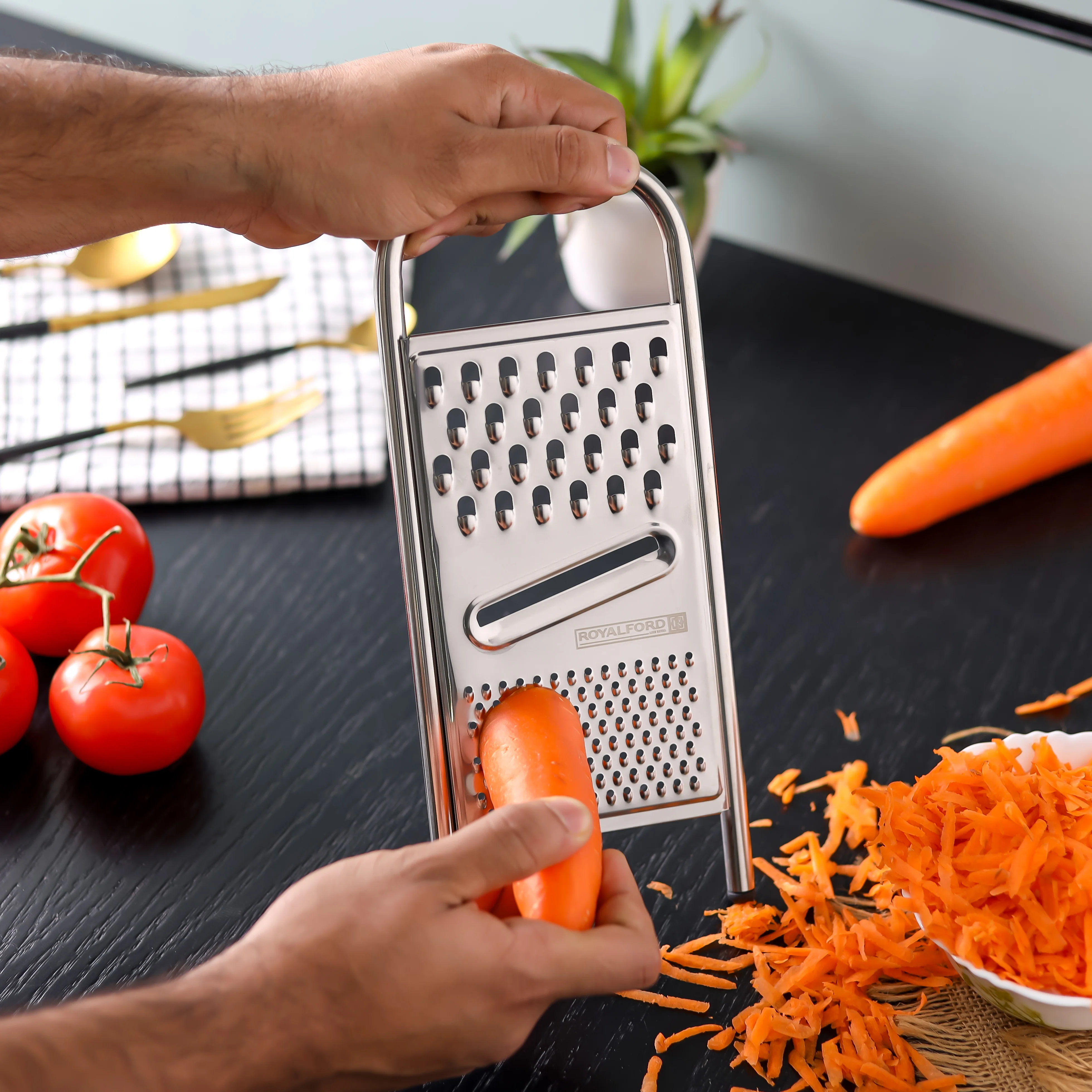 Royalford RF12351 3-in-1 stainless steel grater| multi blades, perfect for slicing & shredding| grating vegetables, cheese and more, durable non-slip base for safe use| - Image 2