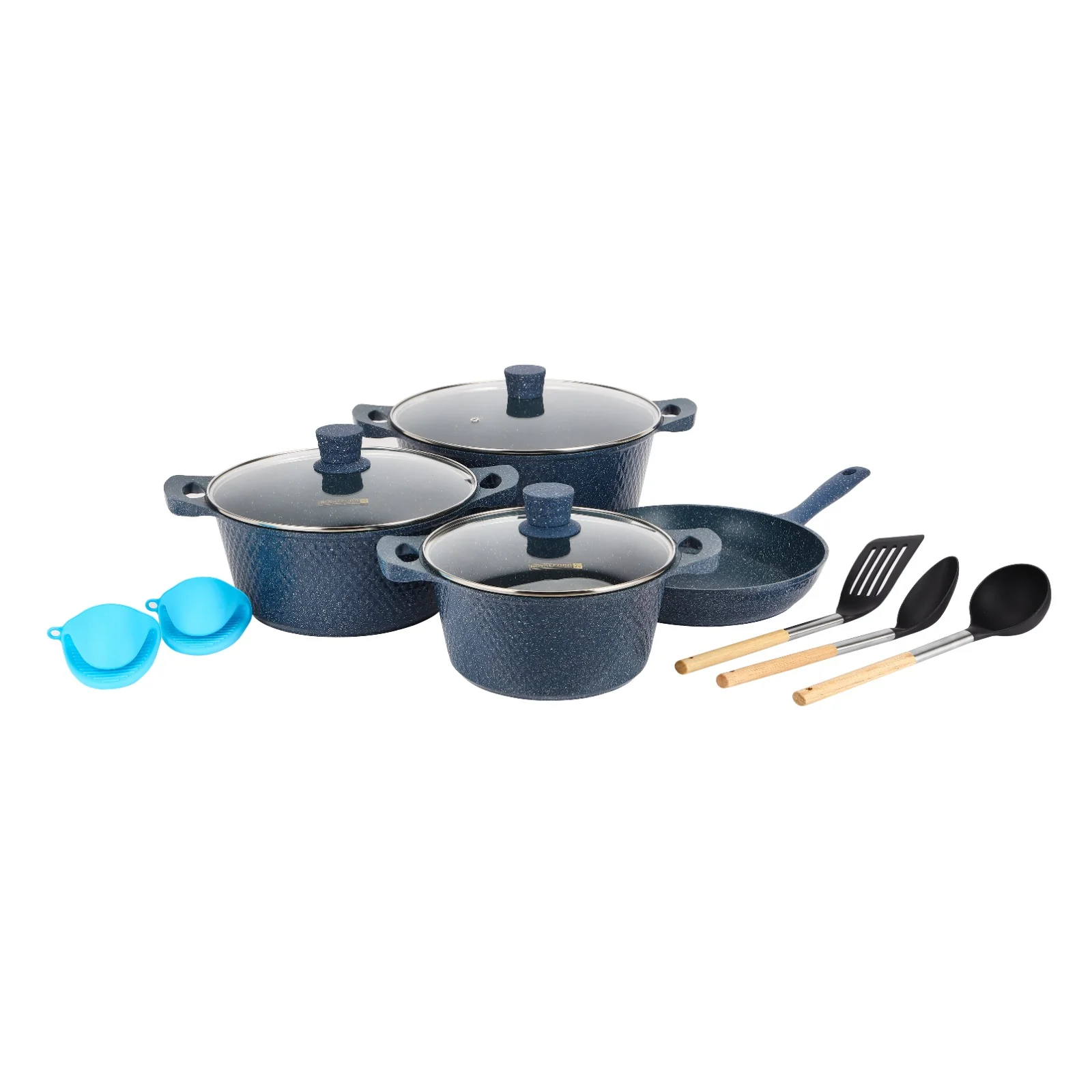Royalford RF12488 Chef Pride Die-Cast 12-Piece Granite Coated Cookware Set with Glass Lids | Induction Compatible Pots & Pans for Everyday Home Kitchen Cooking Needs