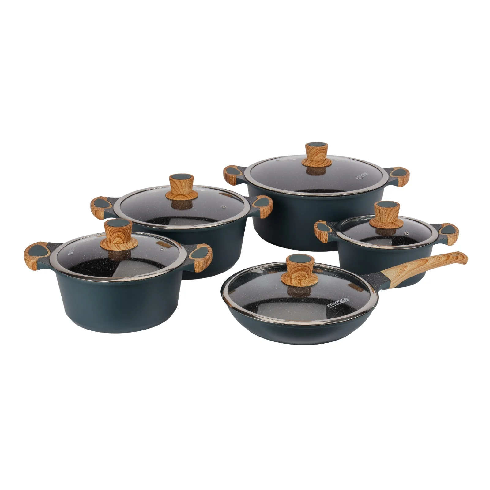 Royalford RF12508 RoyalEmerald 10 Pcs Granite Coated Die-Cast Cookware Set with Glass Lids | Soft-Touch Handles | Non-Stick PTFE PFOA Free, Induction Ready Cooktops - Image 3