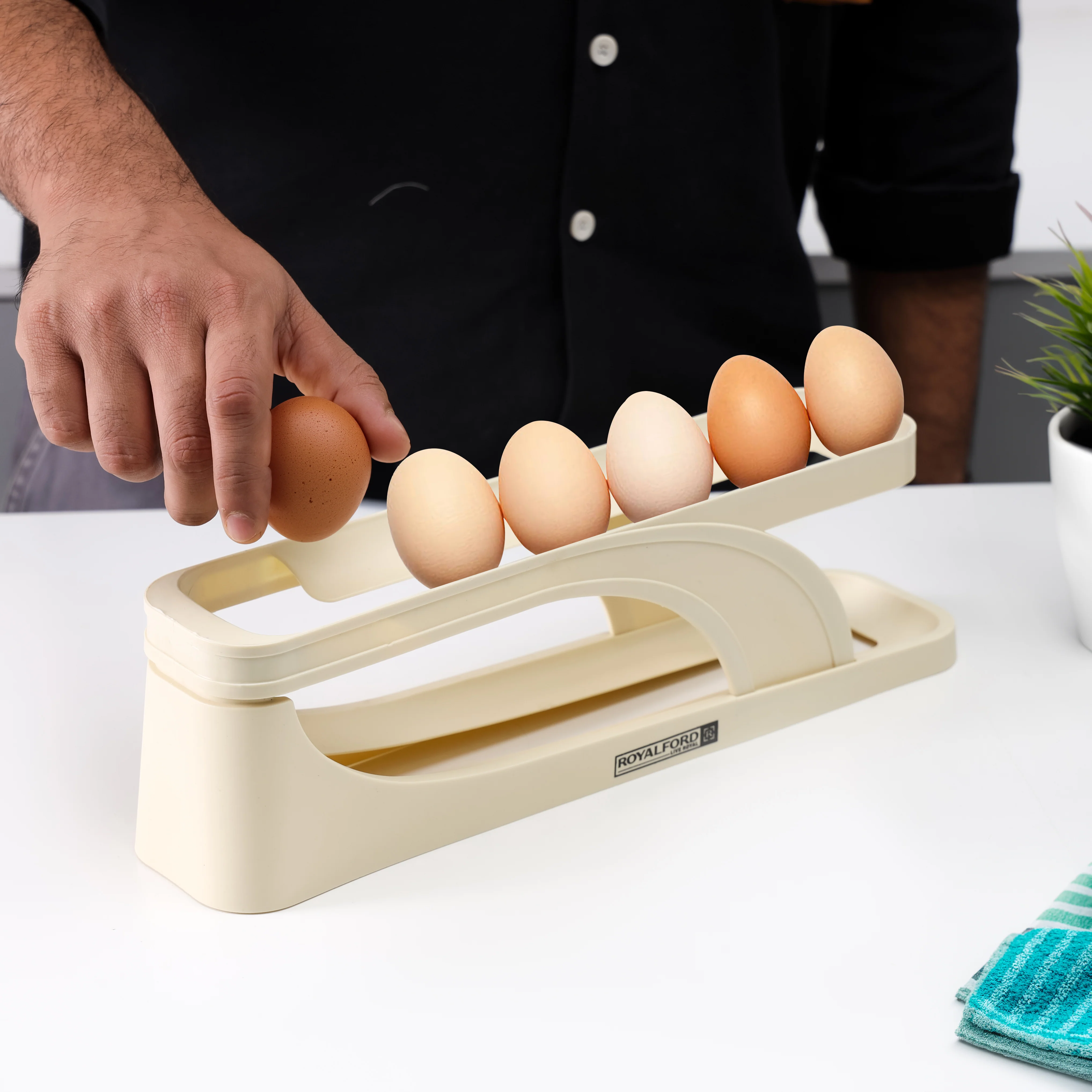 Royalford RF12572 Egg Dispenser| 2-tier rolling design, holds up to 15 eggs & space-saving rack with gravity-fed track| for easy access and organized fridge storage| - Image 5