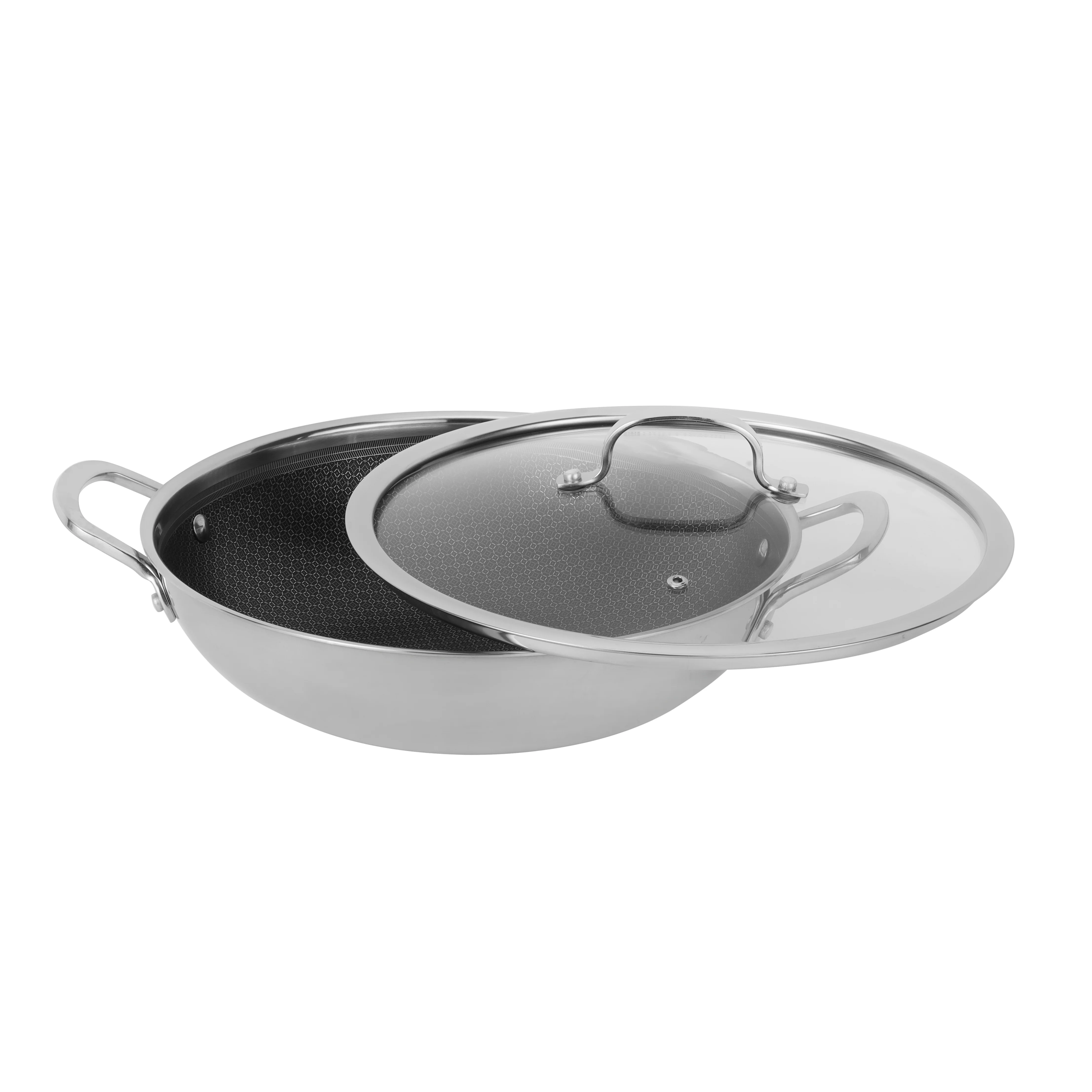 Royalford RF12642 Triply Stainless Steel Wok Pan 30cm | honeycomb non-stick interior offers fast even heating, induction compatibility, tempered glass lid and durable - Image 2