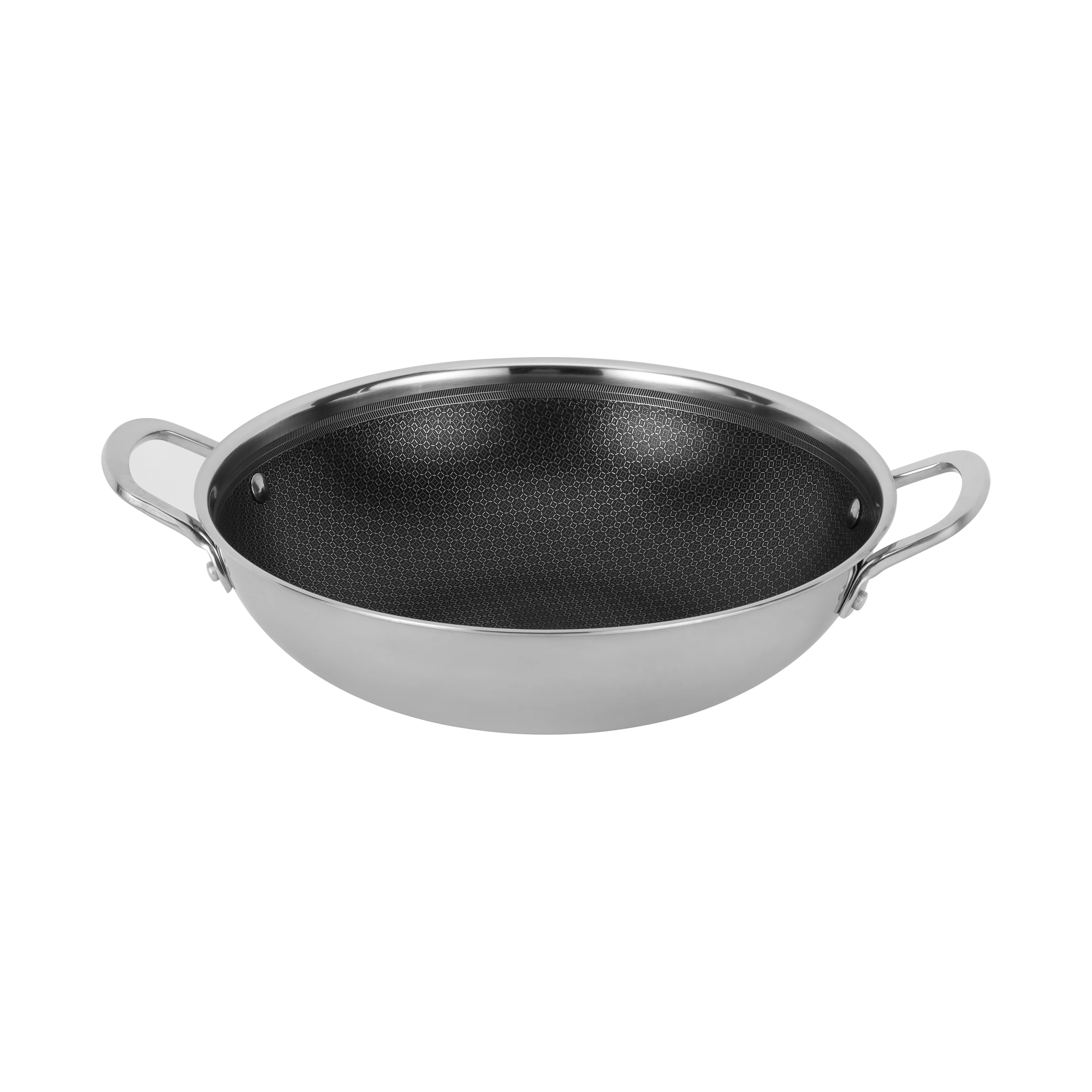 Royalford RF12642 Triply Stainless Steel Wok Pan 30cm | honeycomb non-stick interior offers fast even heating, induction compatibility, tempered glass lid and durable - Image 3