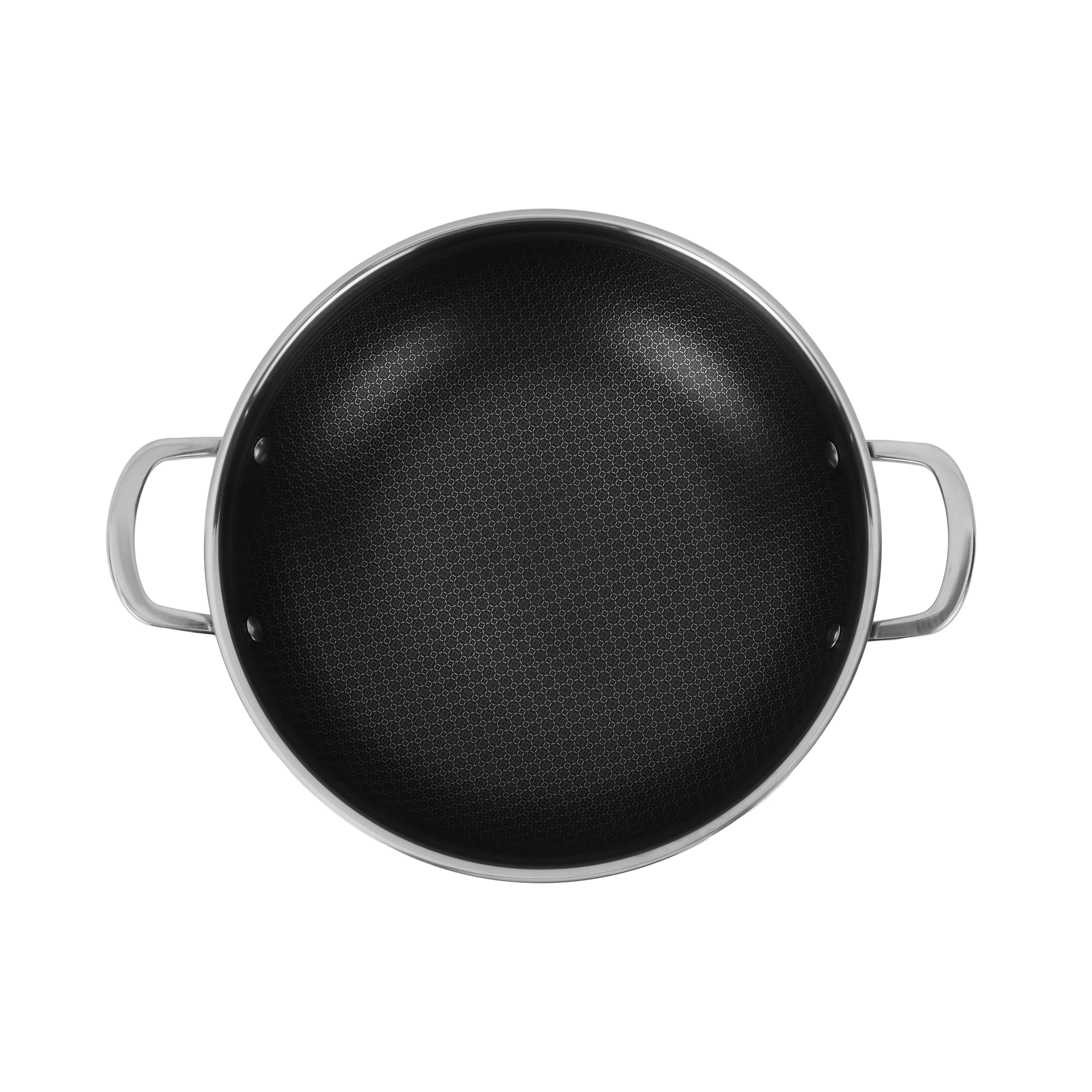 Royalford RF12642 Triply Stainless Steel Wok Pan 30cm | honeycomb non-stick interior offers fast even heating, induction compatibility, tempered glass lid and durable - Image 4