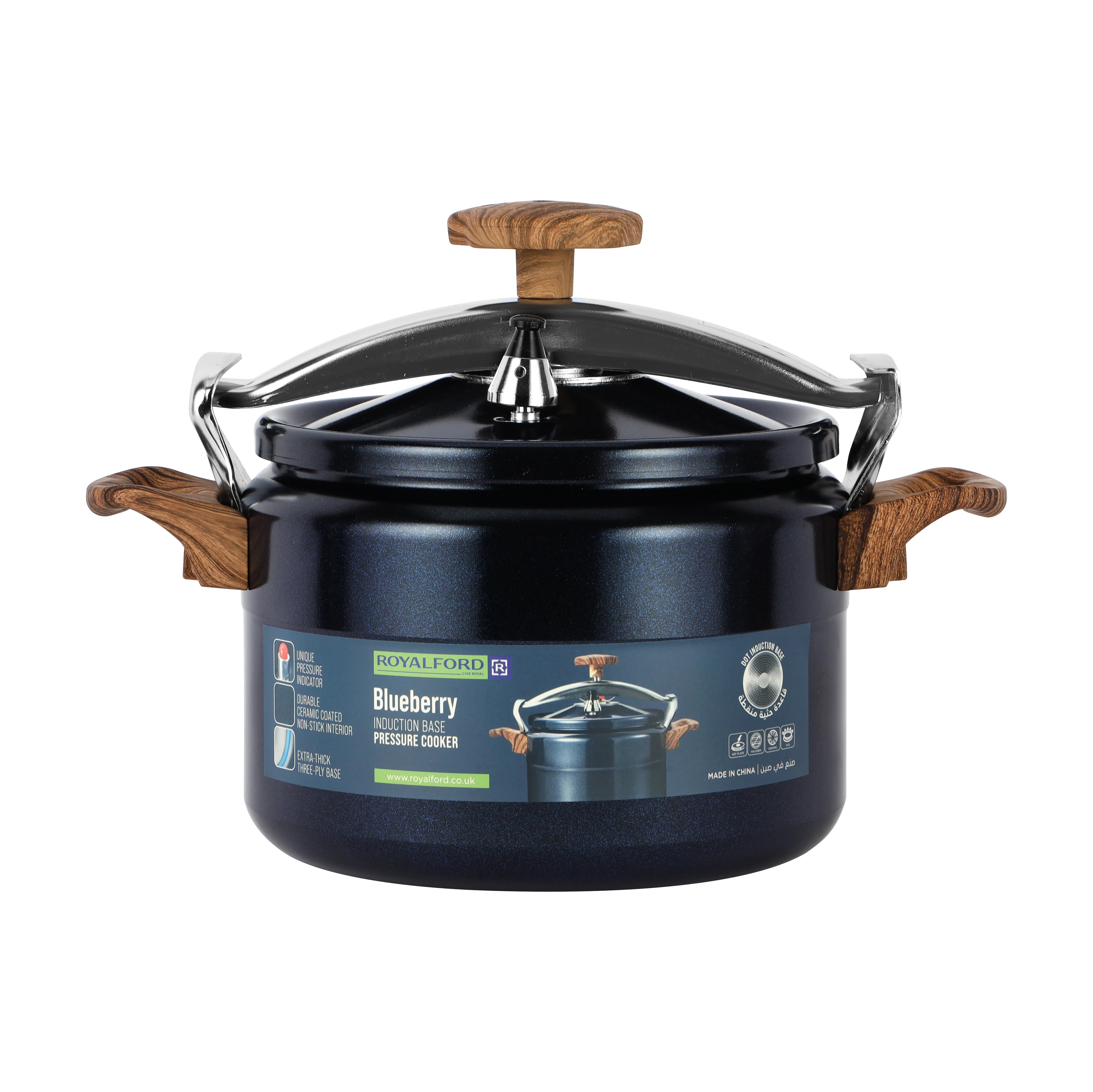 Royalford RF12662 Blueberry 5L Induction Base Pressure Cooker | Ceramic Non-Stick Interior | Extra Thick Three-Ply Base | Soft Touch Handles & 5 Years Warranty - Image 2