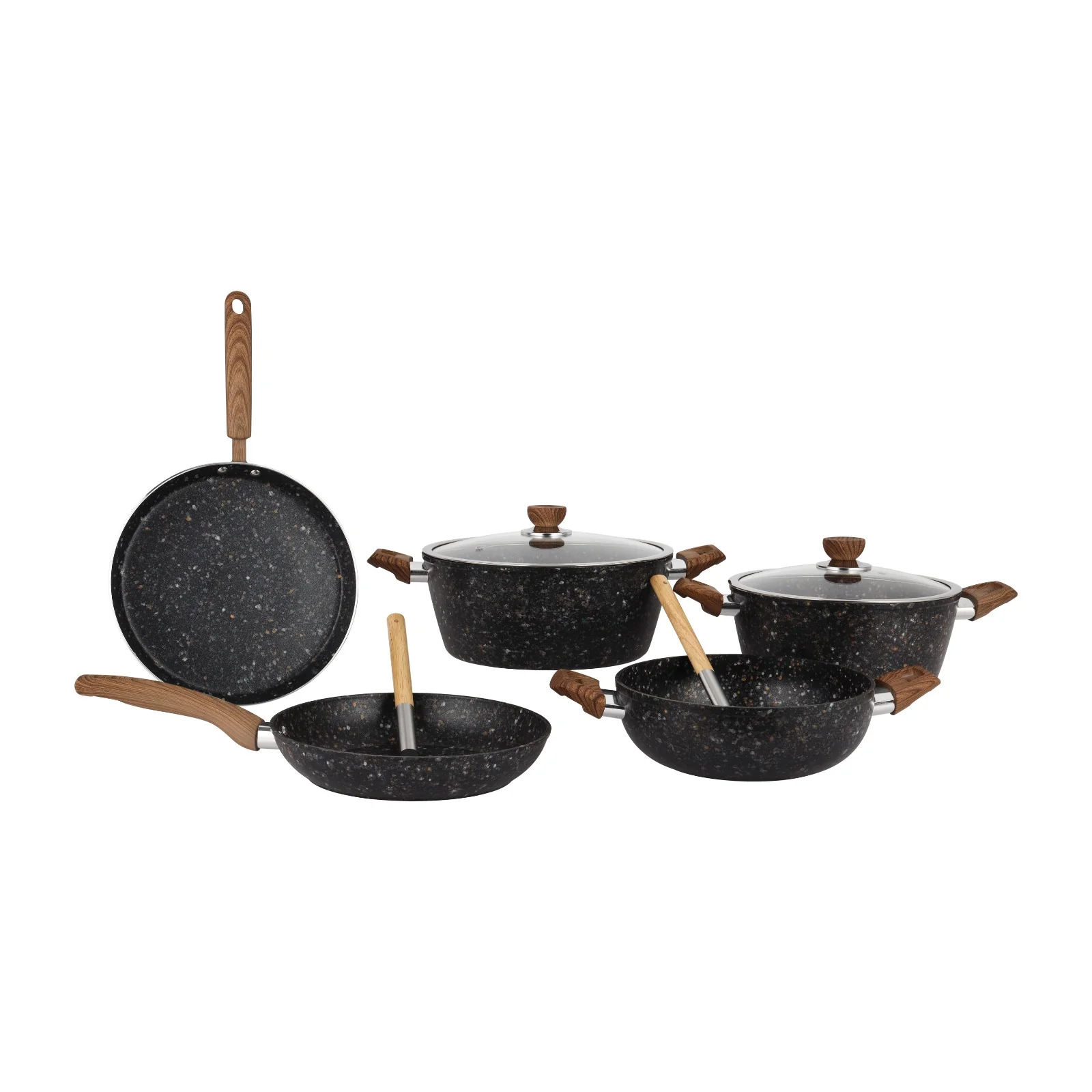 Royalford RF12754 Multistone Forged Aluminium 9-Piece Cookware Set | Granite Non-Stick Coating | Induction Compatible Pots & Pans with Glass Lids and Soft Touch Handles