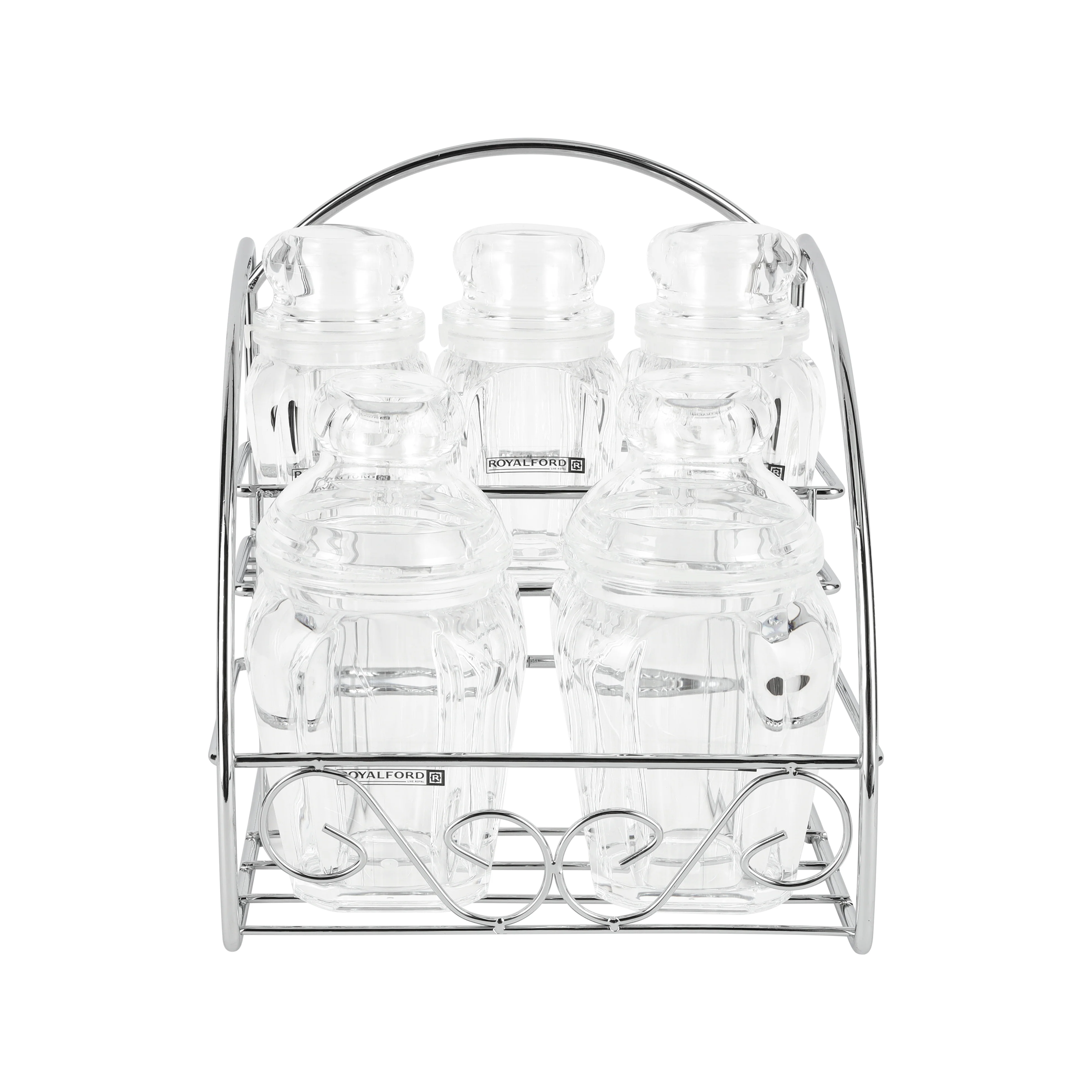 Royalford RF12768 Multipurpose Acrylic Jar Set with Stand | 5 Clear Odor Free Lead Free Storage Jars | 120ml & 200ml Sizes for Kitchen Spice & Dry Fruit Organization - Image 2