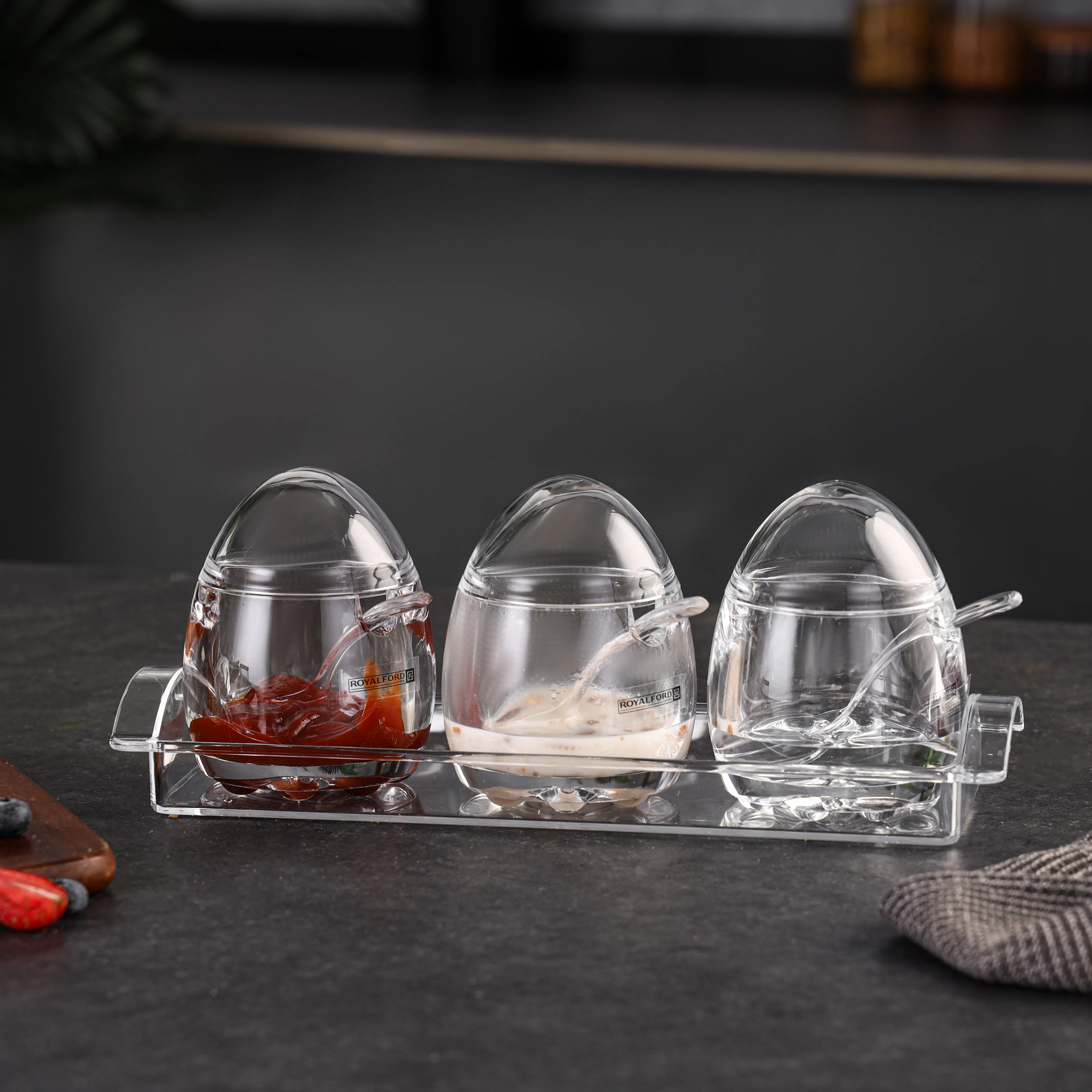 Royalford RF12769 Acrylic Seasoning Jar Set with Spoons & Tray | Odor & Lead Free | Top Rack Dishwasher Safe |  Clear Condiment Storage for Kitchen & Dining Table Use - Image 2