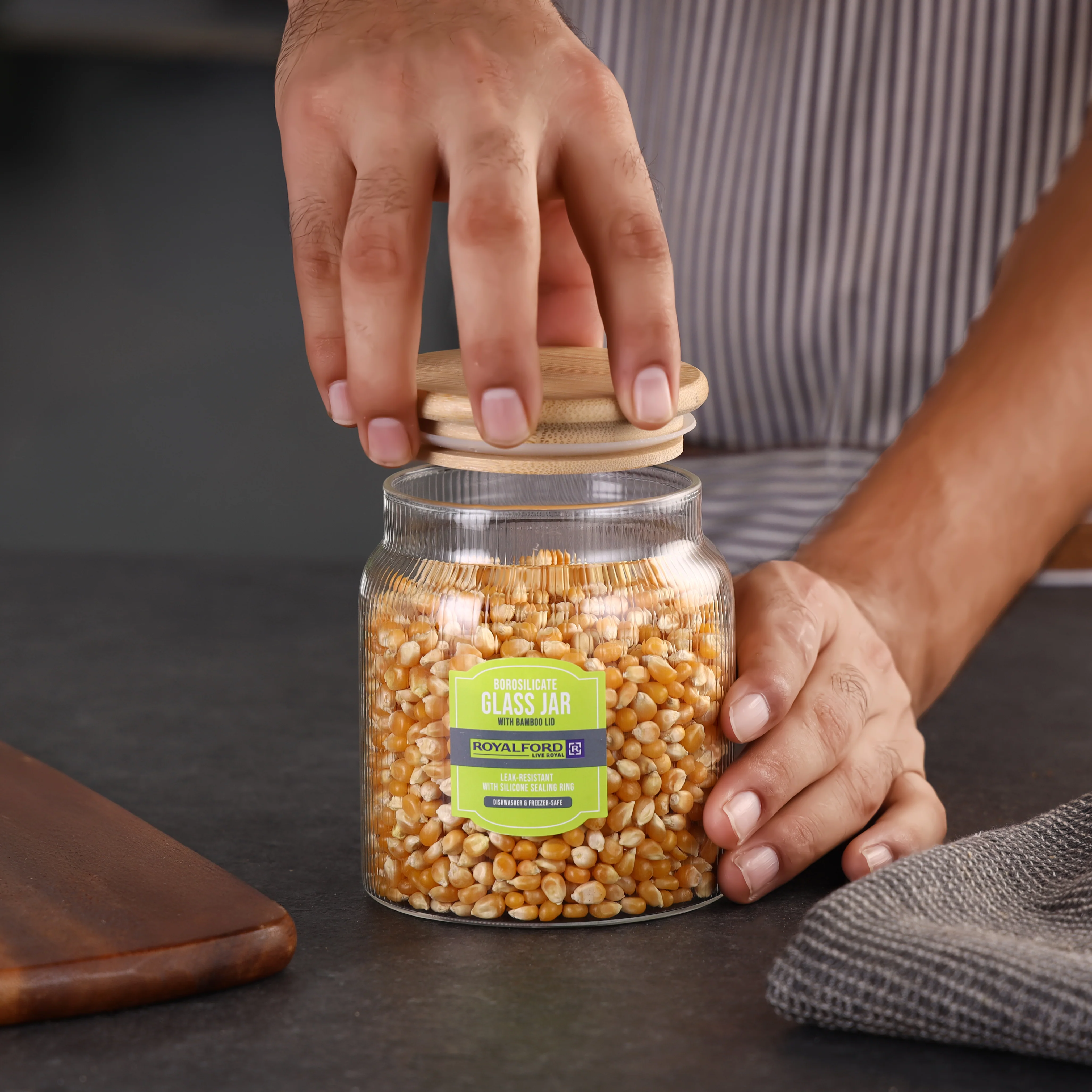 Royalford RF12776 Borosilicate Glass Jars| airtight bamboo lids with BPA-free, odor-free & durable| dishwasher-safe, perfect for storing dry foods, snacks, and spices| - Image 2