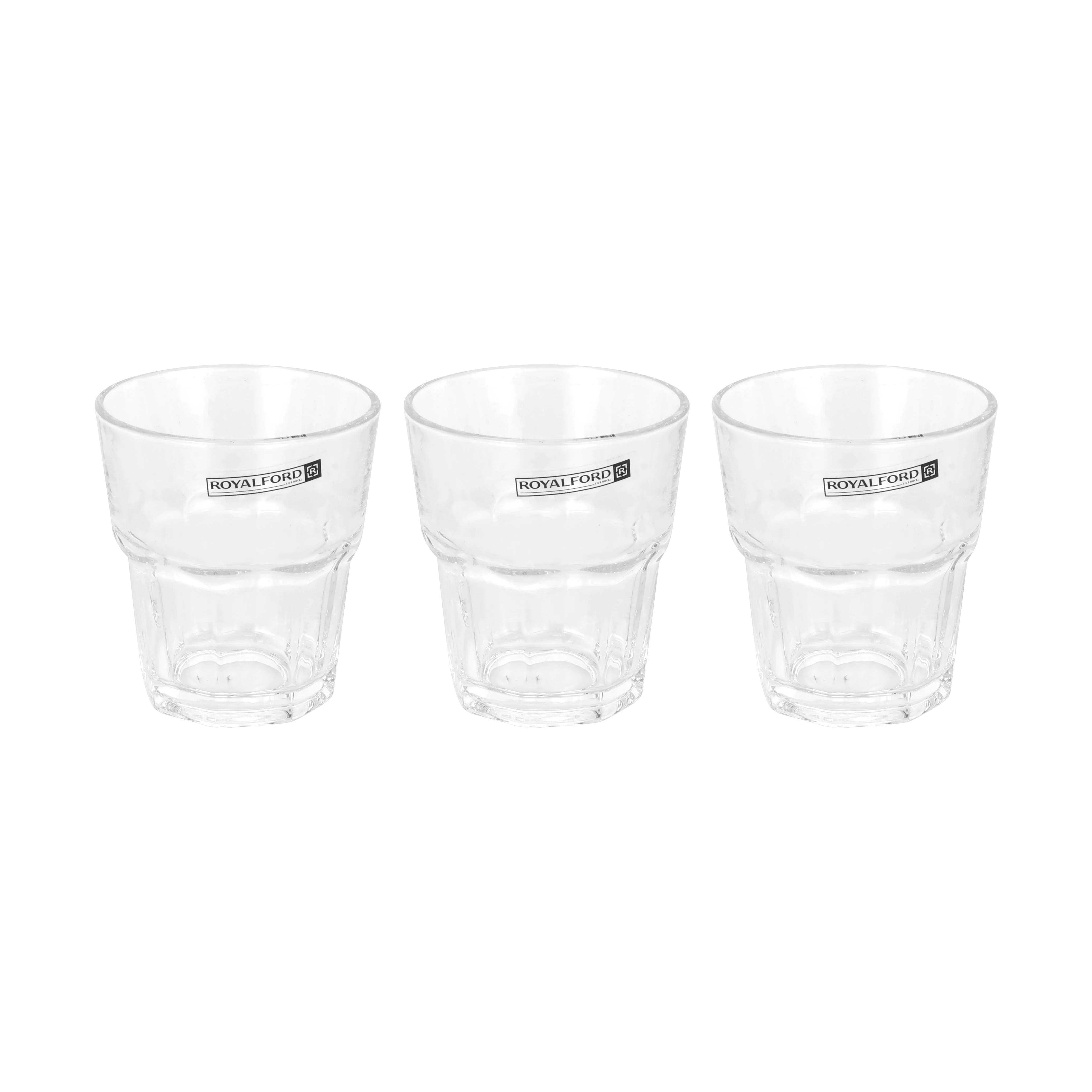 Royalford RF12808 3PC Glass Tumbler Set | 285ml Lead Free Soda Lime Drinking Glasses | Dishwasher Safe Water, Juice & Soft Drink Glass Set with Classic Design