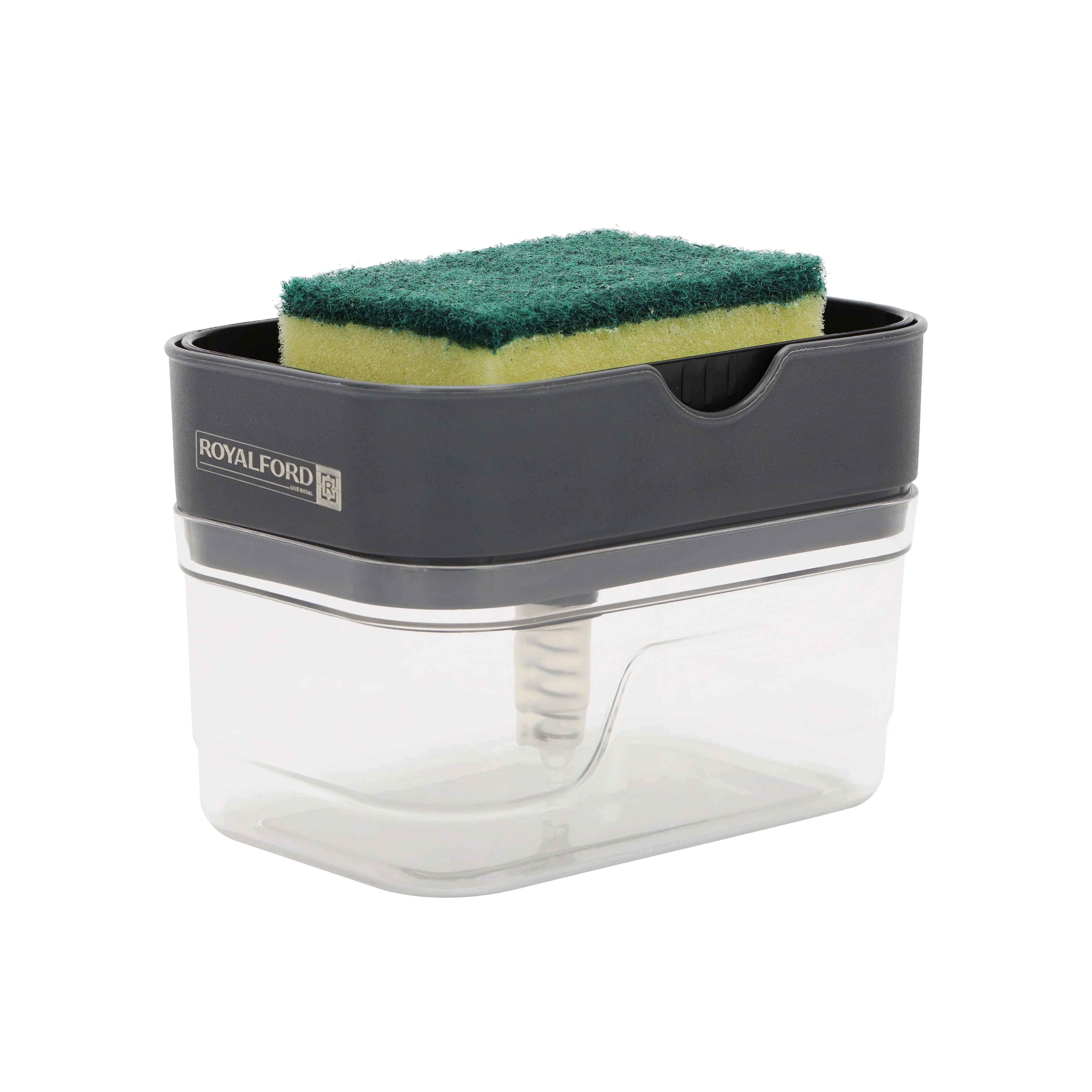 Royalford RF12898 Soap Dispenser with Sponge Holder | 2 in 1 Kitchen Liquid Soap Pump Dispenser with Sponge | Easy Press | Refillable Transparent Body Sink Organizer - Image 2