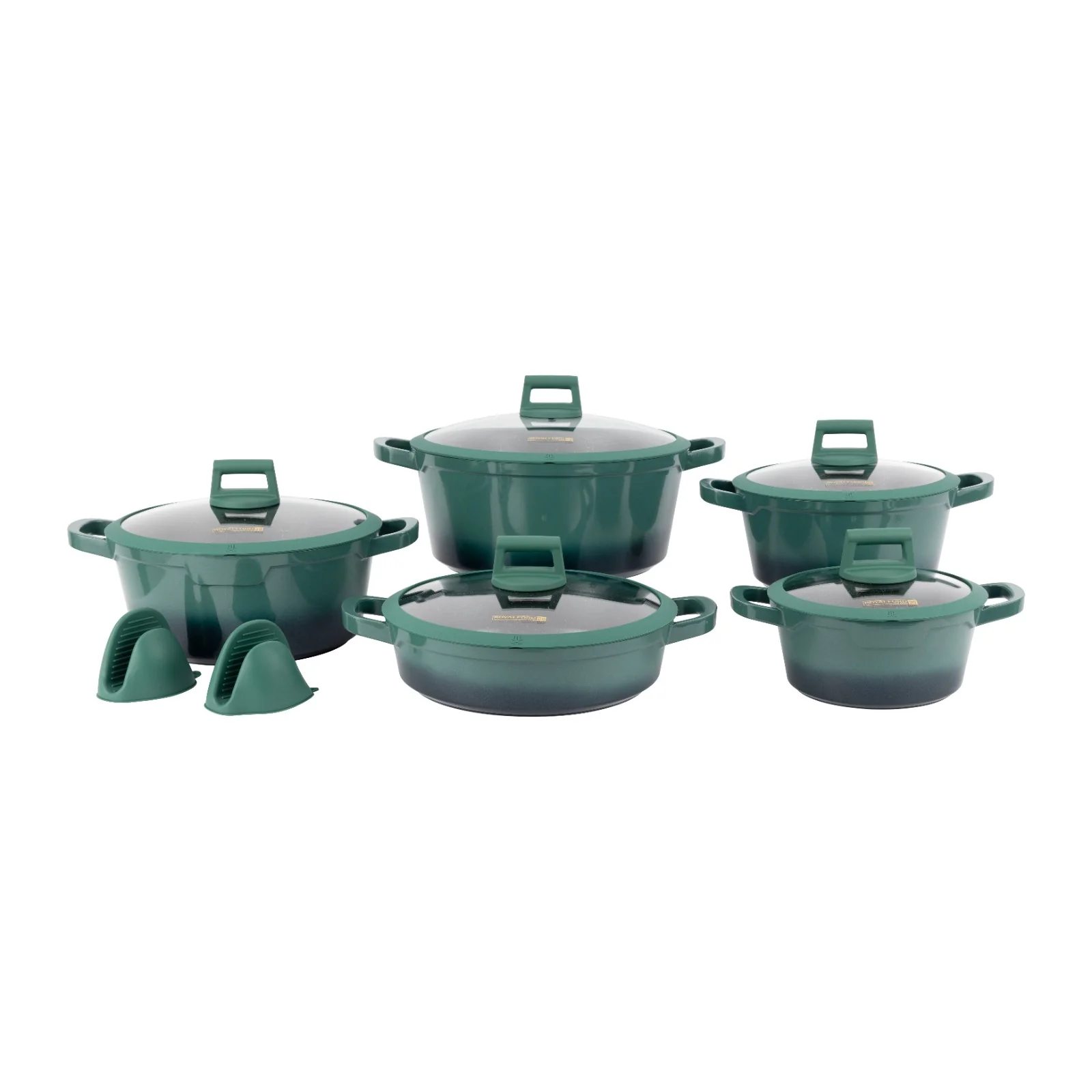 Royalford RF12950 12 Pcs Die-Cast Cookware Set | Premium Granite Coated Non-Stick Induction Ready Casseroles with Glass Lids, Silicone Pot Holders & 6 Layer Build