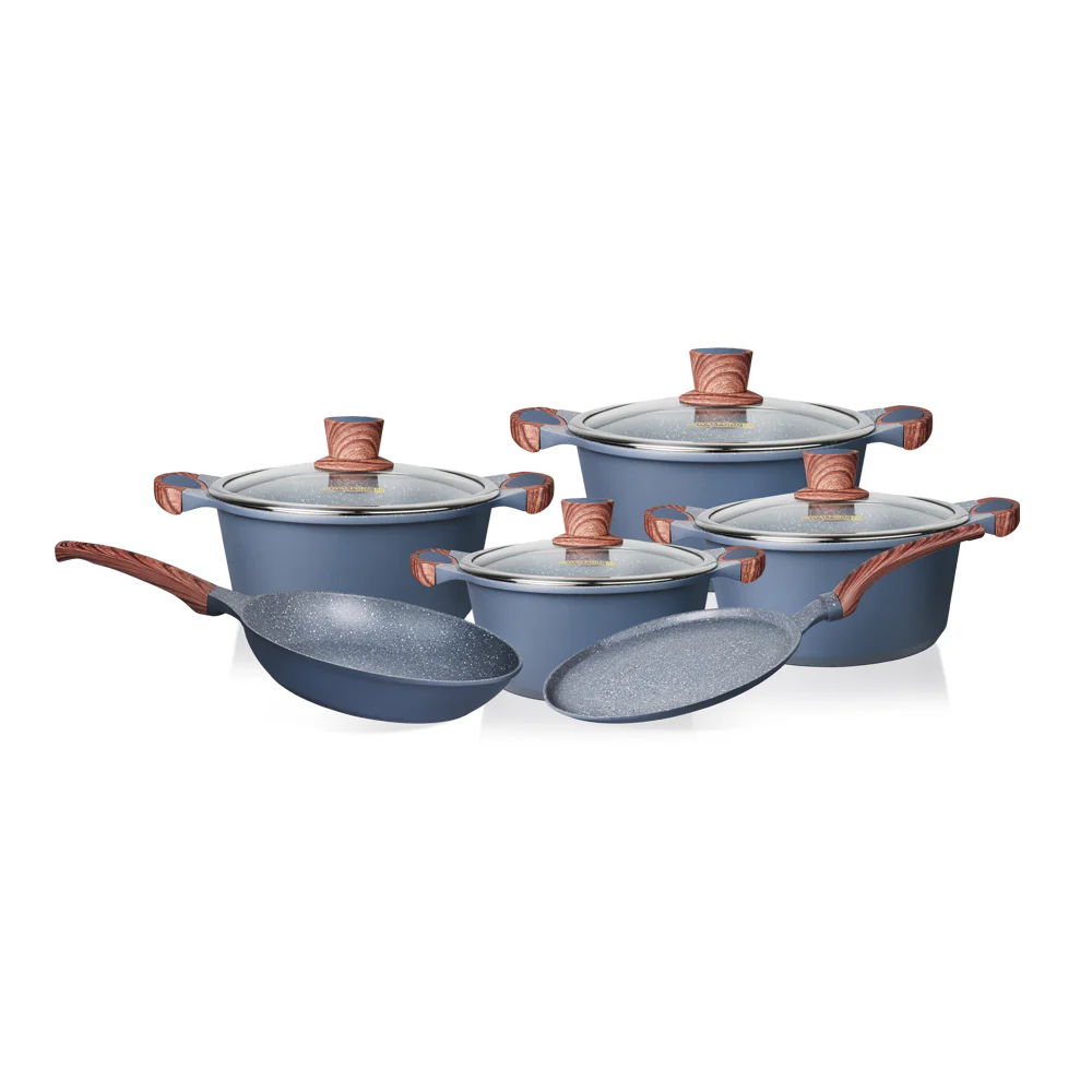 Royalford RF12951 KitchenCraft 10 Pcs Granite Coated Die-Cast Cookware Set | Premium Non-Stick Induction Ready Pots, Casseroles, Frypan & Tawa with Glass Lids