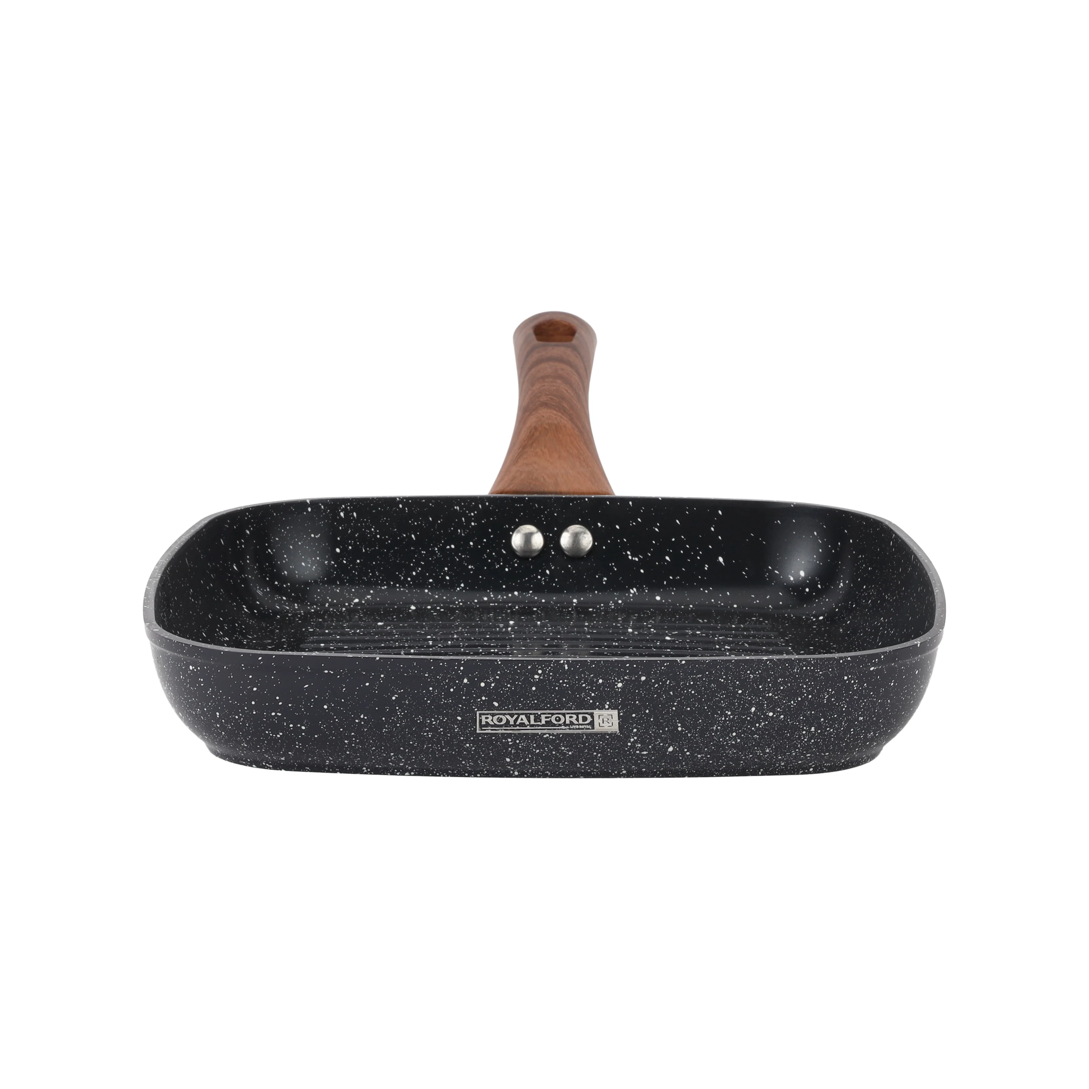Royalford RF12955 24cm Non-Stick Grill Pan | 5-Layer Ceramic Coating| Aluminium Alloy Body| Induction Compatible | Heat-Resistant Exterior & Wood-Finish Bakelite Handle - Image 4