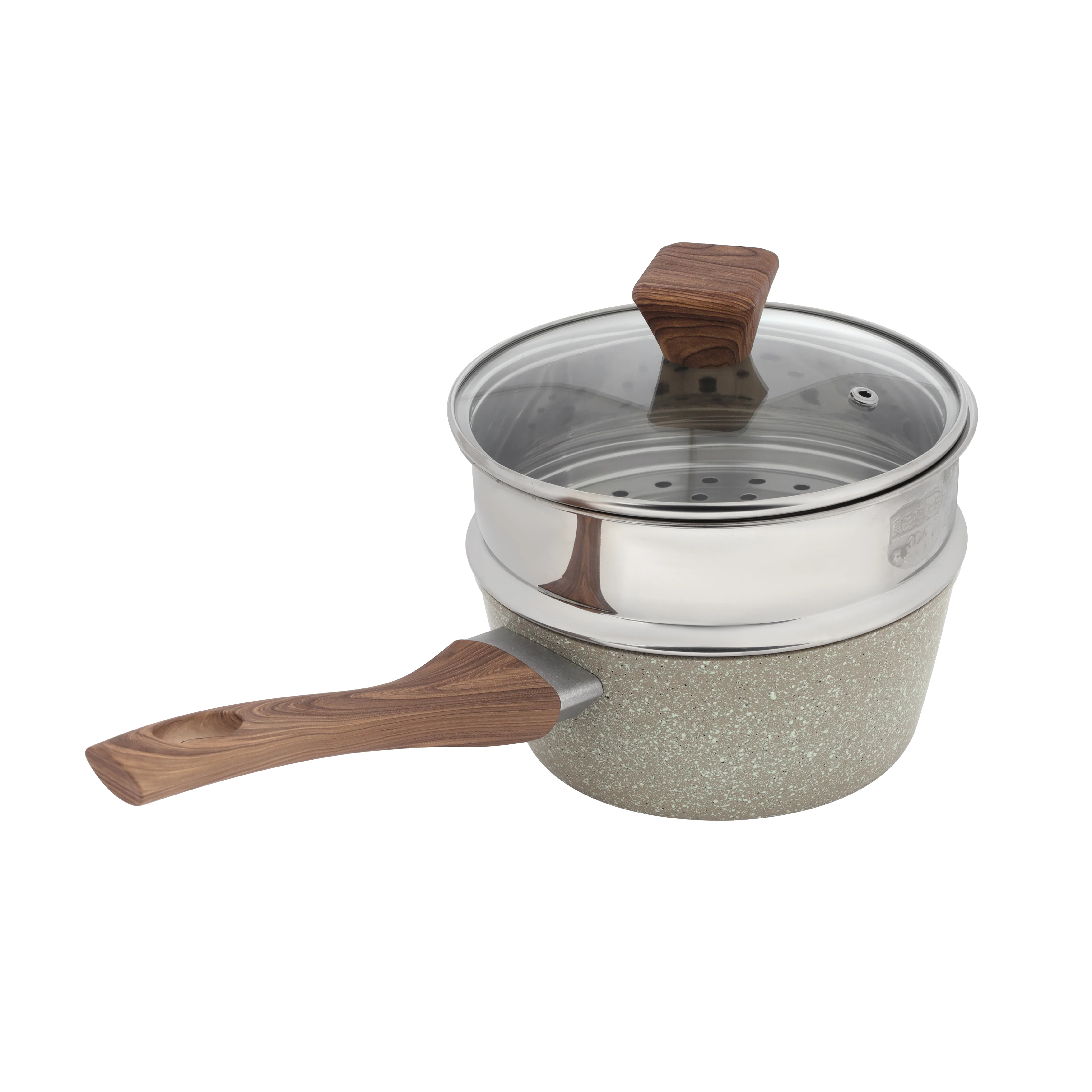 RoyalFord RF12956 Saucepan with Steamer | Non-Stick Aluminium Granite Coated Cooking Pot with Glass Lid | Wooden Handle |  Heat Resistant Multipurpose Kitchen Cookware - Image 2
