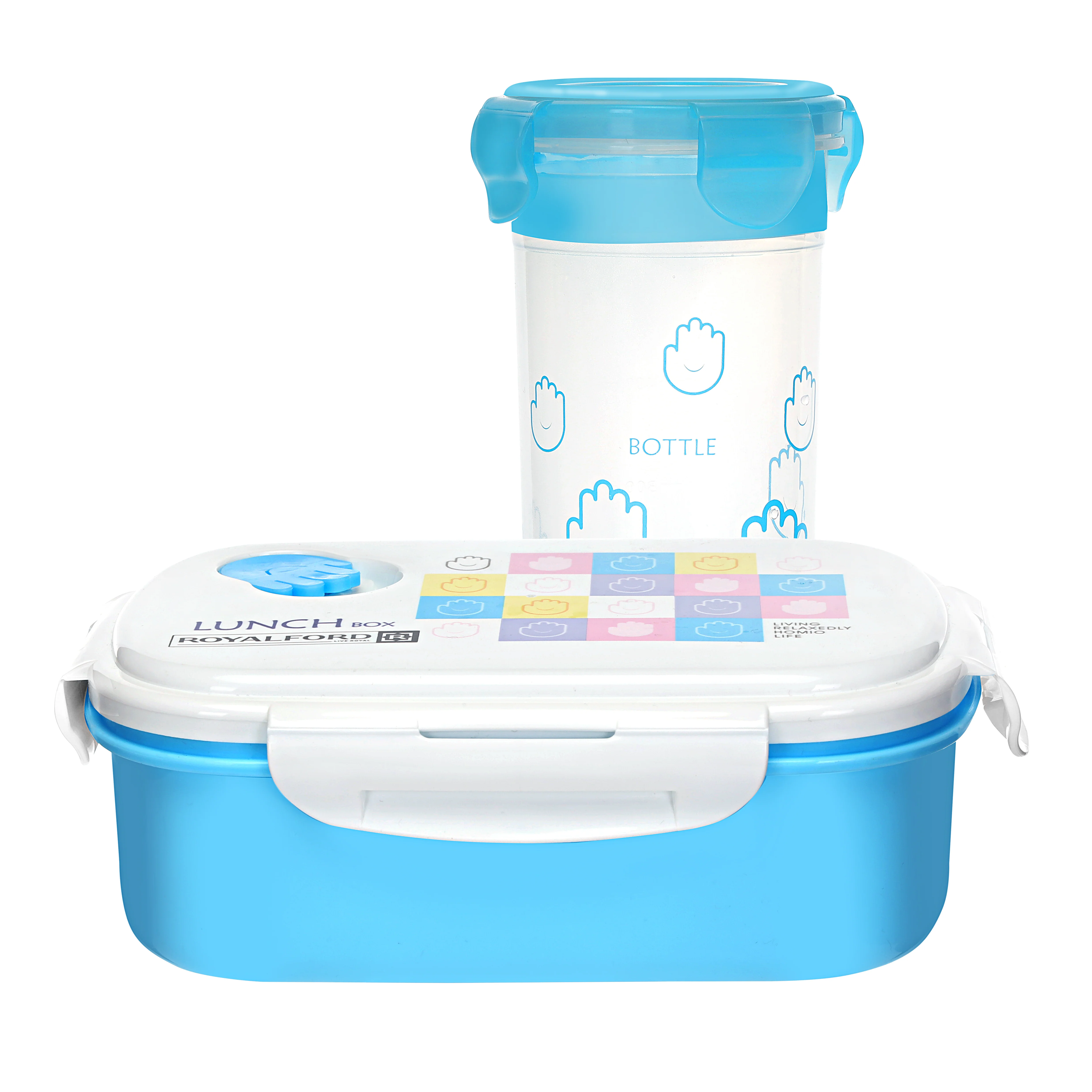 Royalford RF4396 lunch box with water bottle set for kids| durable and lightweight design with secure locking lid| spill-resistant bottle, perfect for school, travel|
