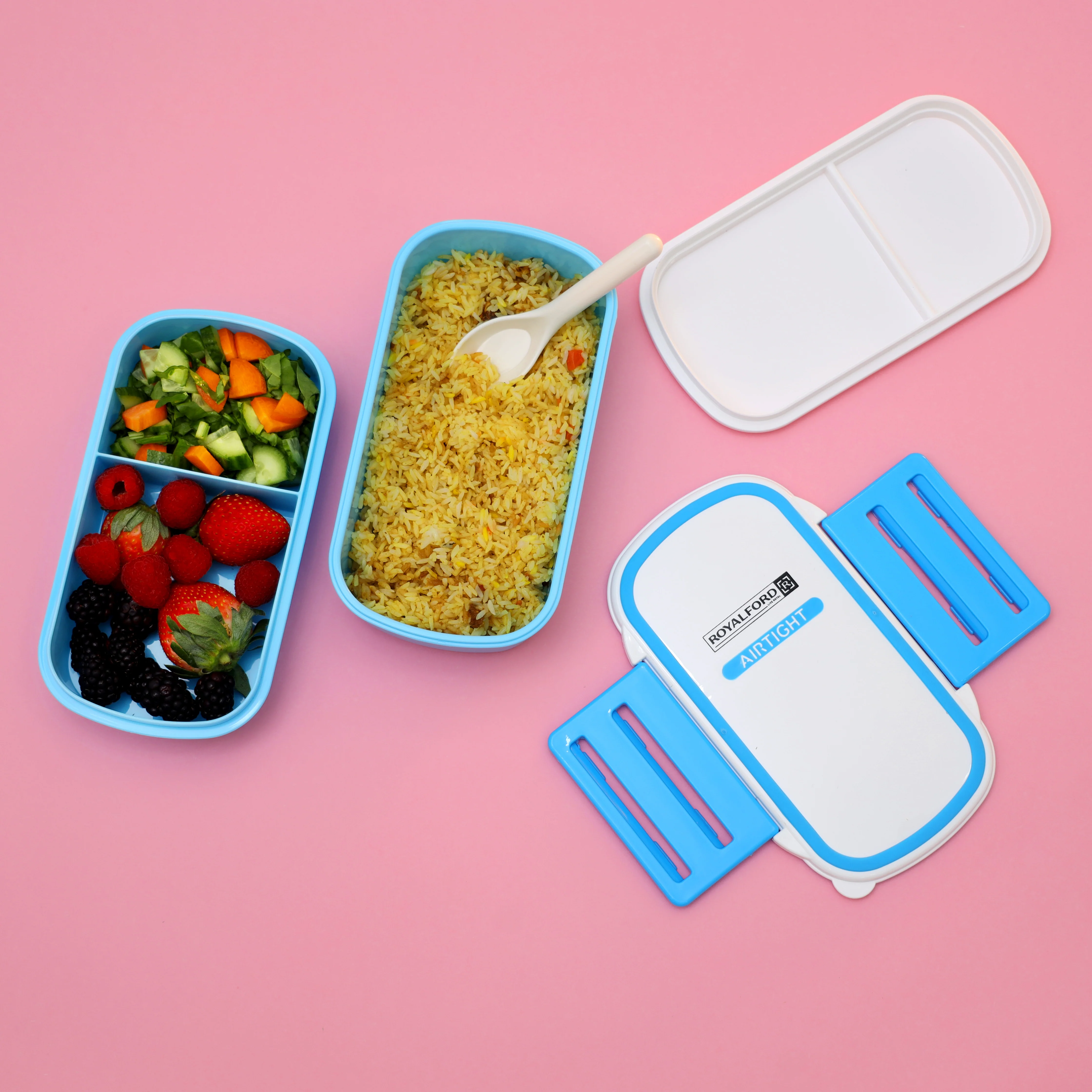 Royalford RF4399BL Airtight Lunch Box 2 Layer with Spoon| Leak Proof, Food Storage Container & 1+2 Compartment| Durable Food Grade Material for Office School Travel Use| - Image 2
