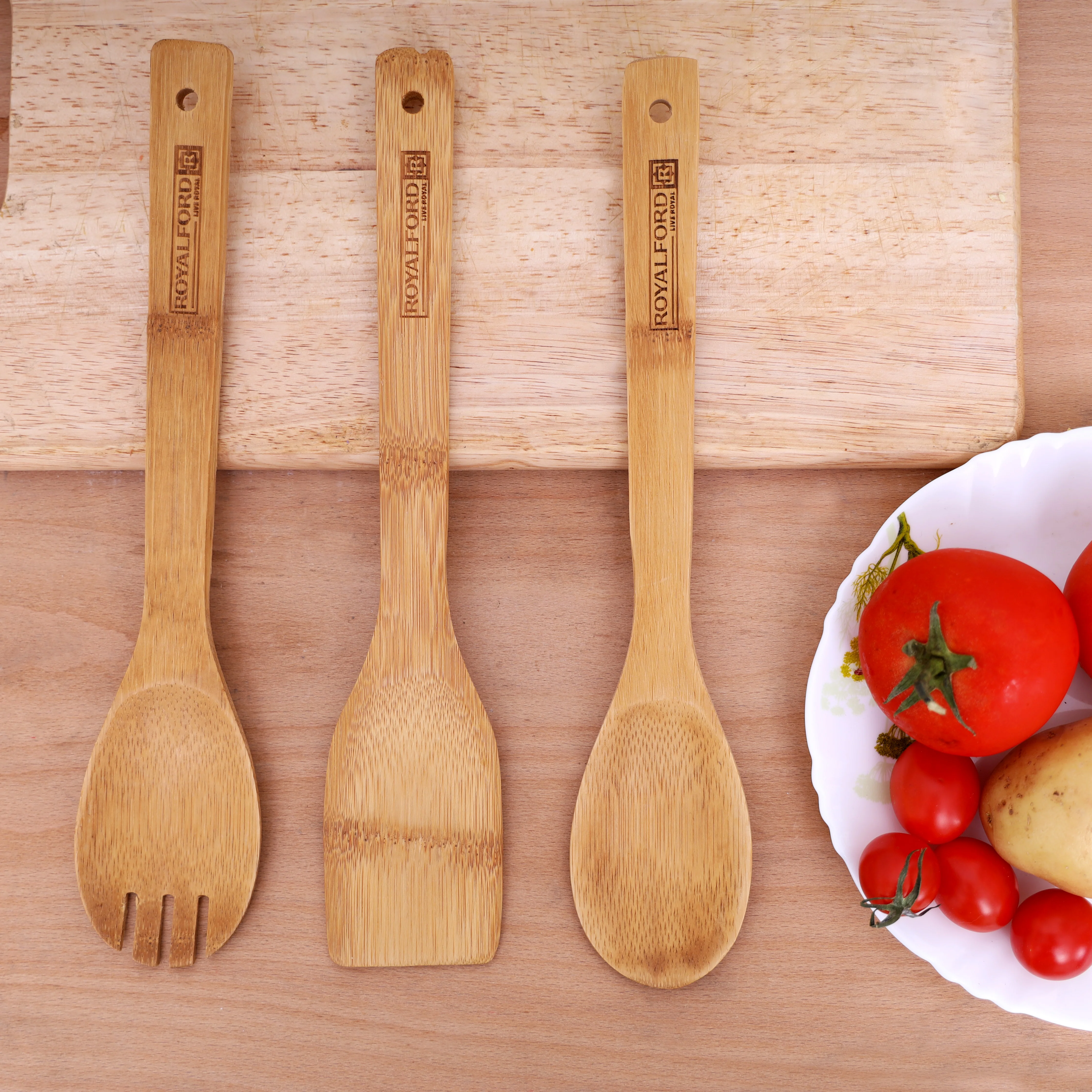Royalford RF5109 bamboo kitchen tools set 3pcs| made from eco friendly wood, lightweight and non scratch| for cooking, stirring and safe for non stick cookware| - Image 2
