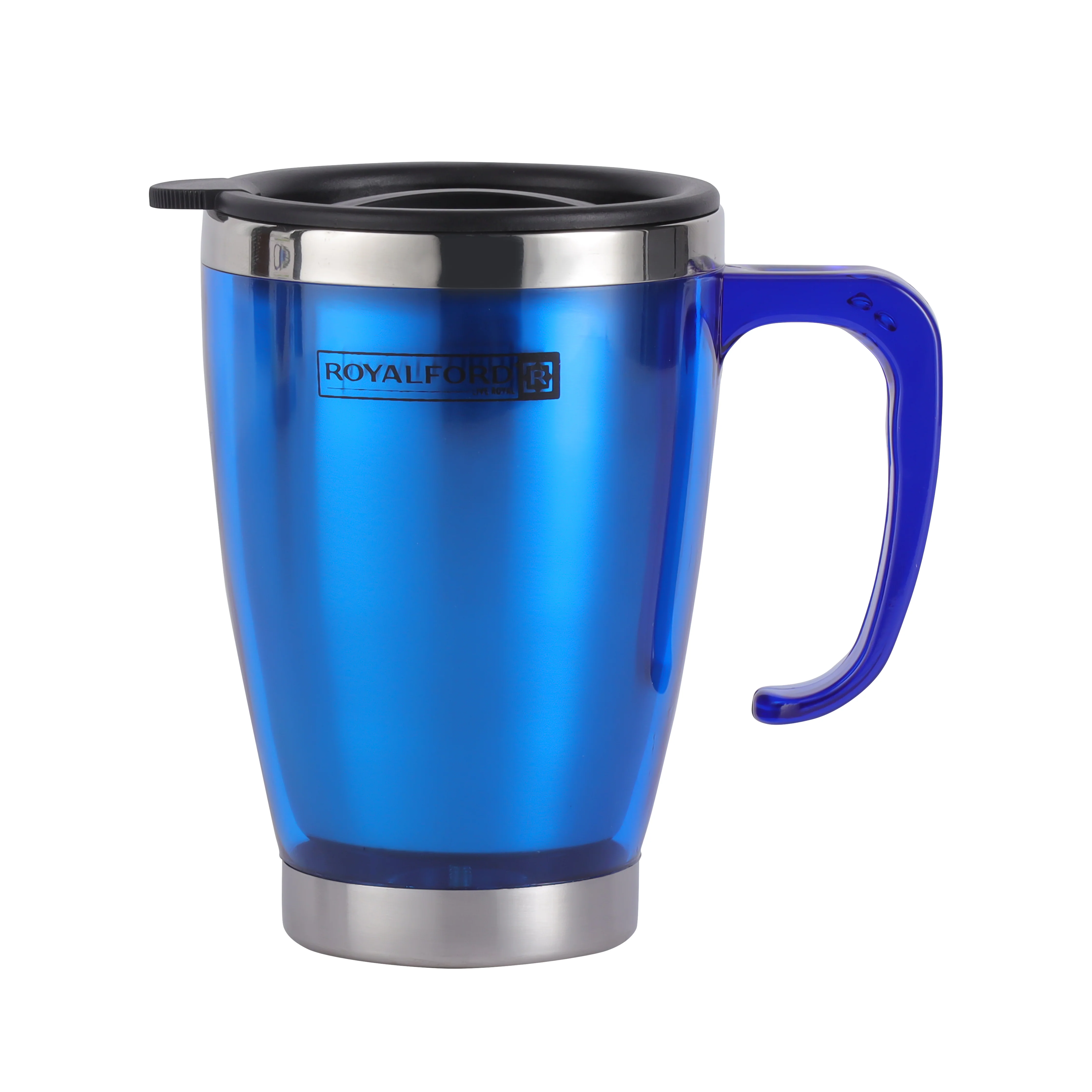 Royalford RF5129 Double Wall Travel Mug |400ml Stainless Steel Insulated Coffee Mug with Handle| Leak Resistant Lid | Portable Hot & Cold Beverage Cup for Office, Travel