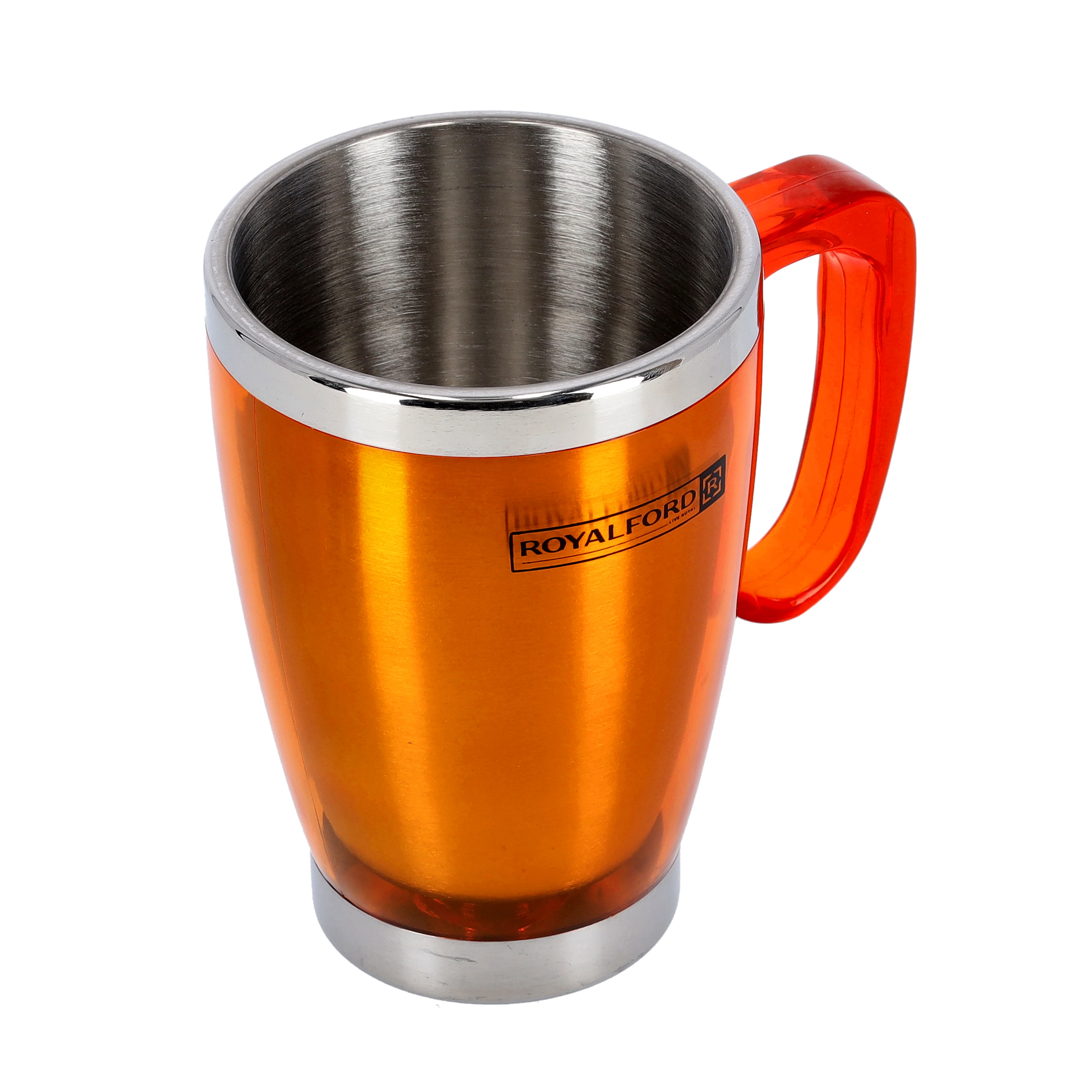 Royalford RF5129OR Double Wall Travel Mug | 400ml Stainless Steel Insulated Coffee Mug | Ergonomic Handle | Leak Resistant Lid |Portable Thermal Cup for Hot & Cold Drinks