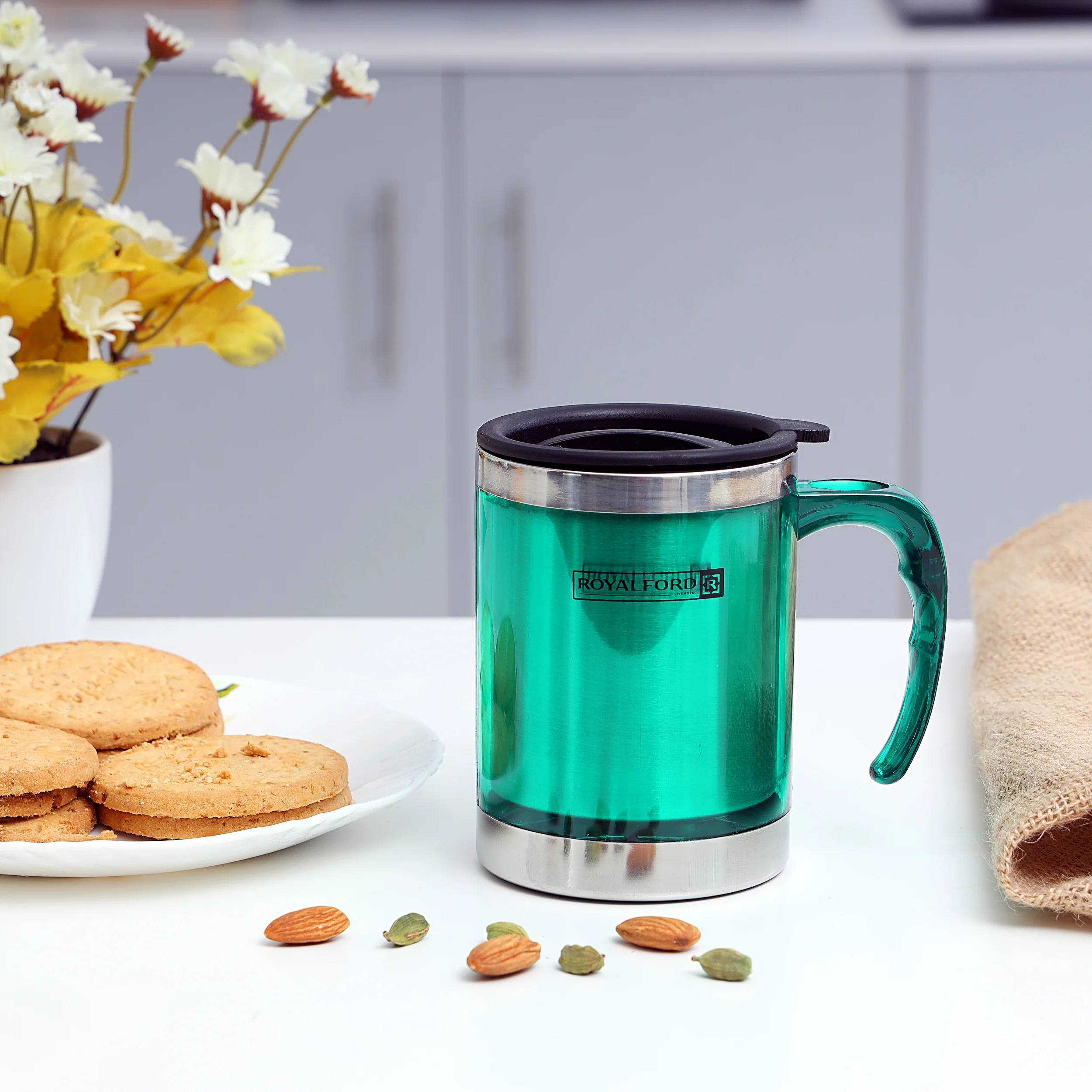 Royalford RF5130 Double Wall Travel Mug | 400ml Stainless Steel Insulated Coffee Mug | Leak Resistant Thermal Cup for Hot & Cold Drinks | Portable Office & Travel Mug
