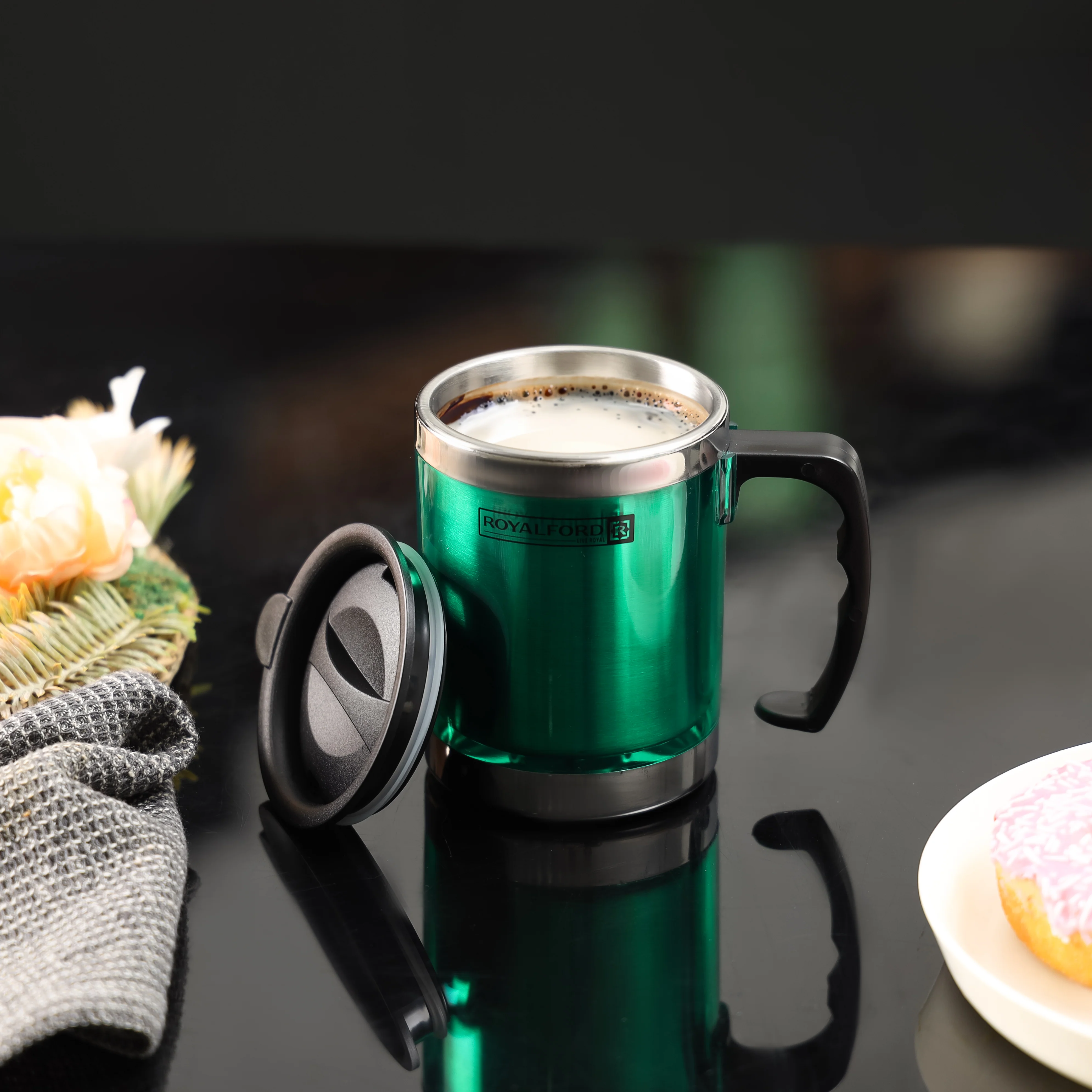 Royalford RF5131GR Travel Mug 290ml| Double Wall Stainless Steel Cup with Handle Leak Resistant Design| Keeps Drinks Hot or Cold Durable Portable for Office Travel Use| - Image 2