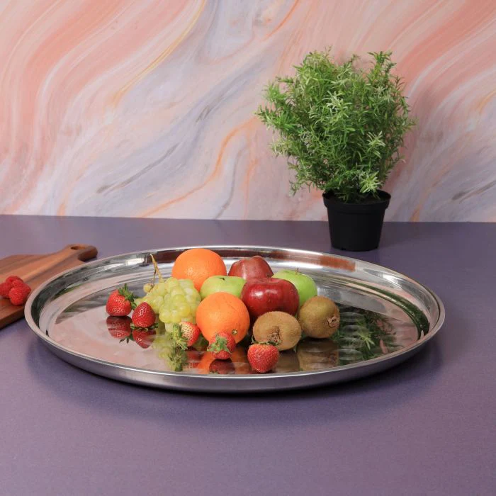 Royalford RF5345 22" Stainless Steel Group Serving Tray - Stackable Swirl Pattern Round Bar Tray Silver Platters for Serving Cocktails & Beverages at Parties, Restaurants, Bars, & Catering with Mirror Finish - Image 6