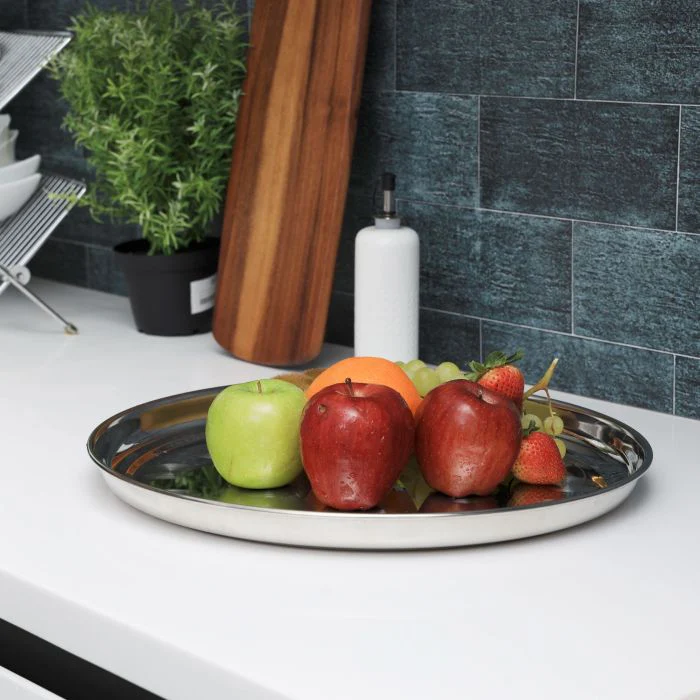 Royalford RF5345 22" Stainless Steel Group Serving Tray - Stackable Swirl Pattern Round Bar Tray Silver Platters for Serving Cocktails & Beverages at Parties, Restaurants, Bars, & Catering with Mirror Finish - Image 7