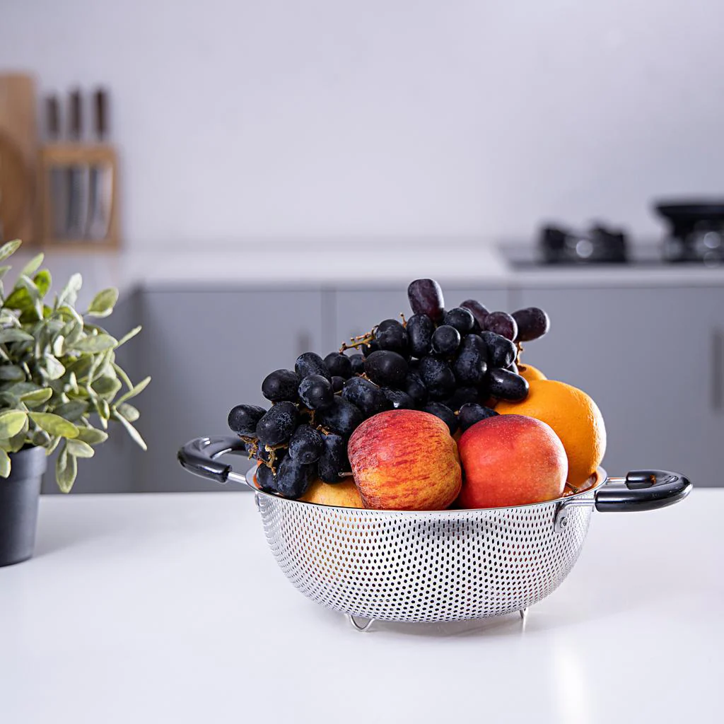 Royalford RF5403 Stainless Steel Fruit Basket | Dual Handles | Multipurpose Perforated Kitchen Strainer for Washing, Draining & Serving Fruits, Vegetables and Pasta - Image 2