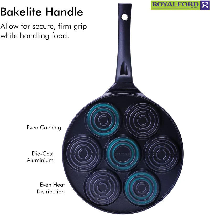 Royalford RF5781 Die-Cast Aluminium Pancake Maker | 7-Cup Non-Stick Pancake Pan | Heat-Resistant Exterior| Bakelite Soft-Touch Handle| Easy Cleaning & Dishwasher-Safe - Image 2
