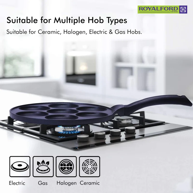 Royalford RF5781 Die-Cast Aluminium Pancake Maker | 7-Cup Non-Stick Pancake Pan | Heat-Resistant Exterior| Bakelite Soft-Touch Handle| Easy Cleaning & Dishwasher-Safe - Image 4