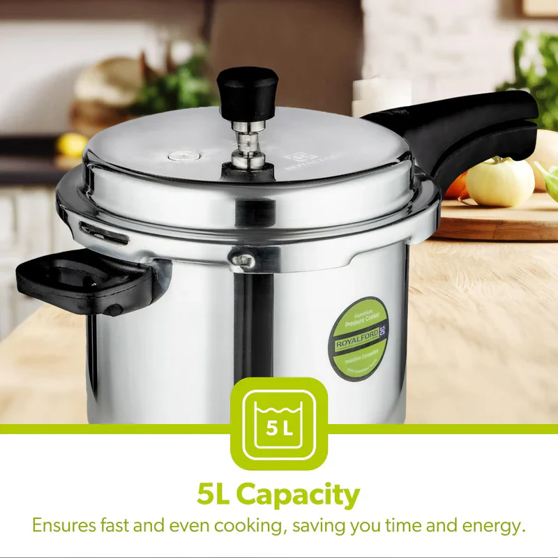 Royalford RF5802 5L Induction Base Pressure Cooker | Fast & Safe Cooking | Durable Aluminium Body | Even Heat Distribution | Secure Lock System | Energy Efficient - Image 3