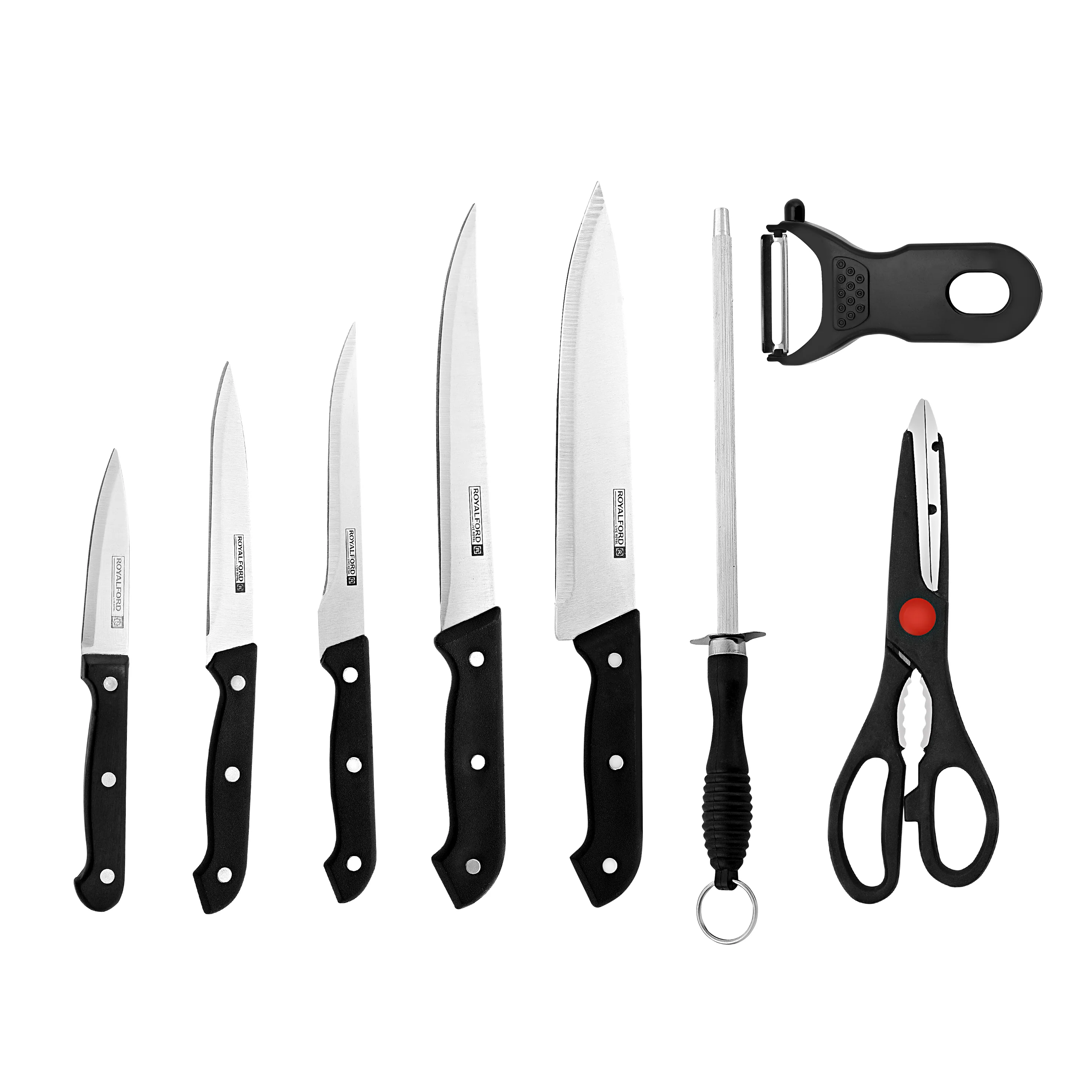 Royalford RF5982 9PCS Kitchen Tools Set | Stainless Steel Knives | Heavy Duty Scissors | Vegetable Peeler & Sharpening Rod| Durable Ergonomic Handles for Everyday Cooking